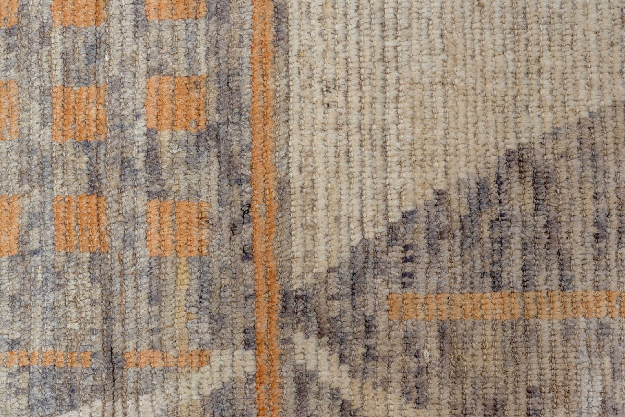 3' x 12' one-of-a-kind handmade vintage Anatol runner rug. Color palette: gray, off-white, light gray, brown, orange, silver