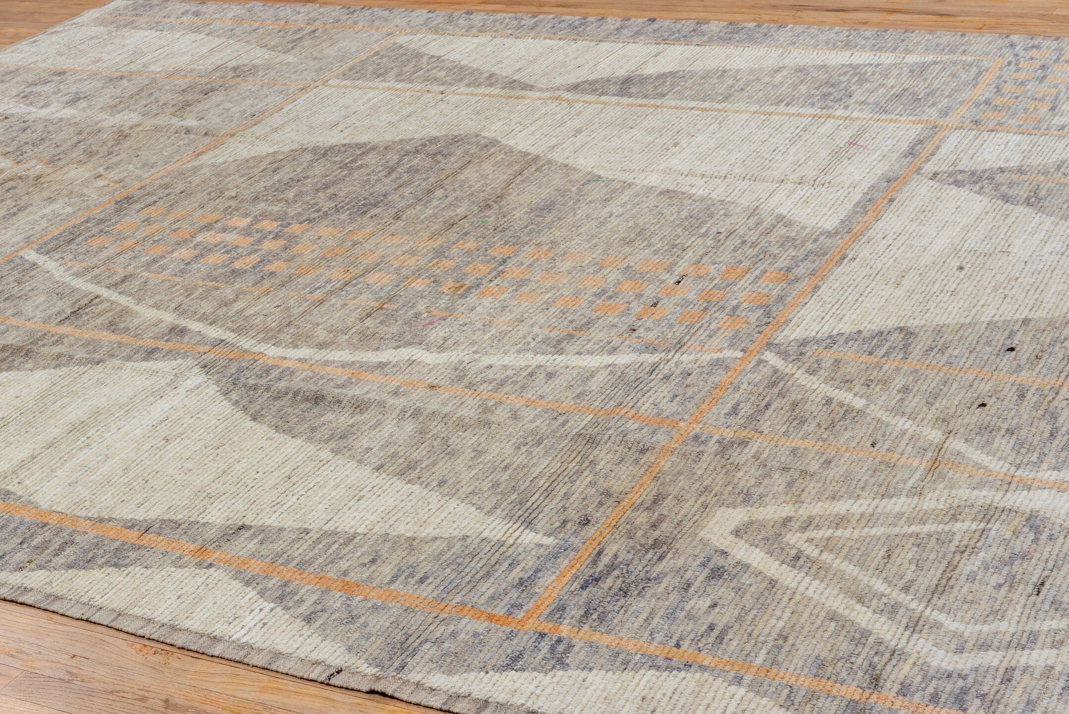 3' x 12' one-of-a-kind handmade vintage Anatol runner rug. Color palette: gray, off-white, light gray, brown, orange, silver