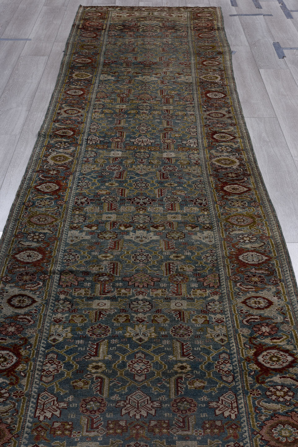 3' x 16' one-of-a-kind handmade antique Malayer runner rug. Color palette: blue, ivory, rust, navy, brown, sage, gold