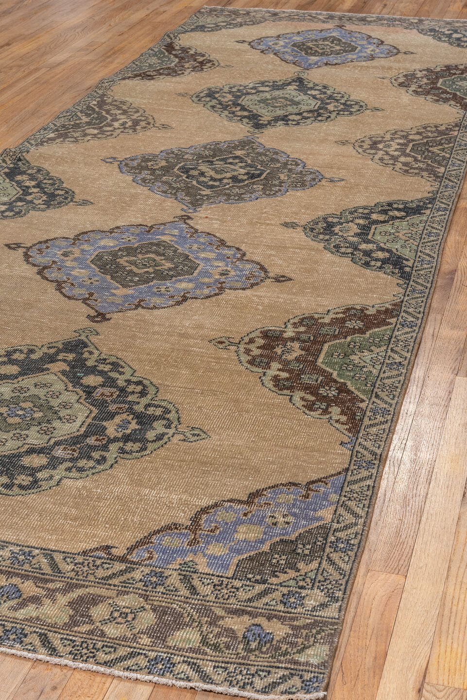 4' x 12' one-of-a-kind handmade vintage Oushak runner rug. Color palette: camel, taupe, slate, powder_blue, sage, charcoal
