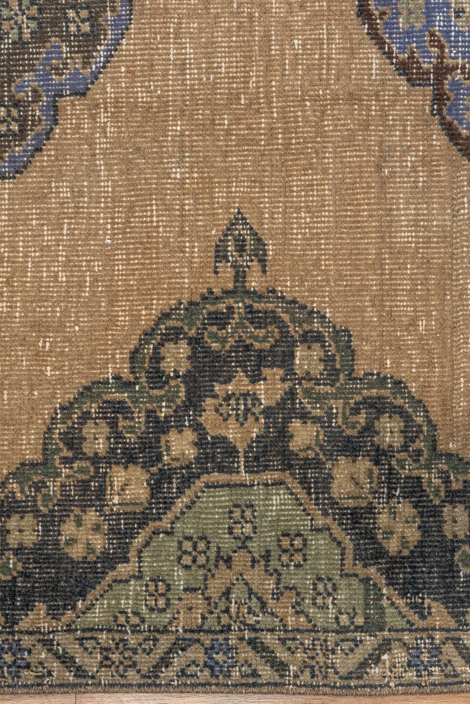4' x 12' one-of-a-kind handmade vintage Oushak runner rug. Color palette: camel, taupe, slate, powder_blue, sage, charcoal