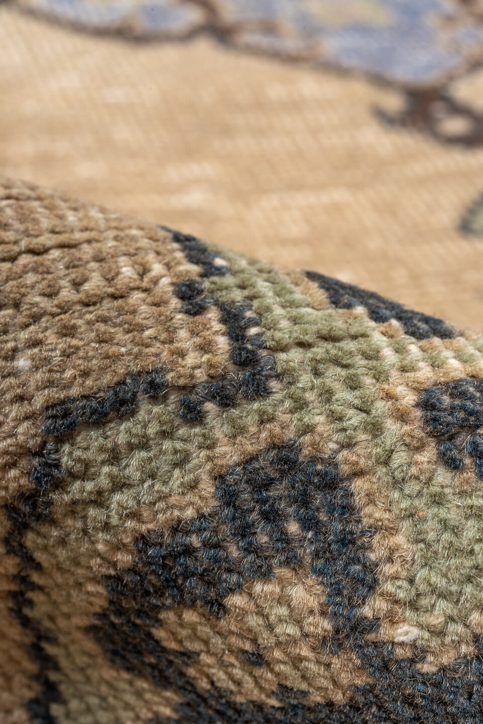 4' x 12' one-of-a-kind handmade vintage Oushak runner rug. Color palette: camel, taupe, slate, powder_blue, sage, charcoal