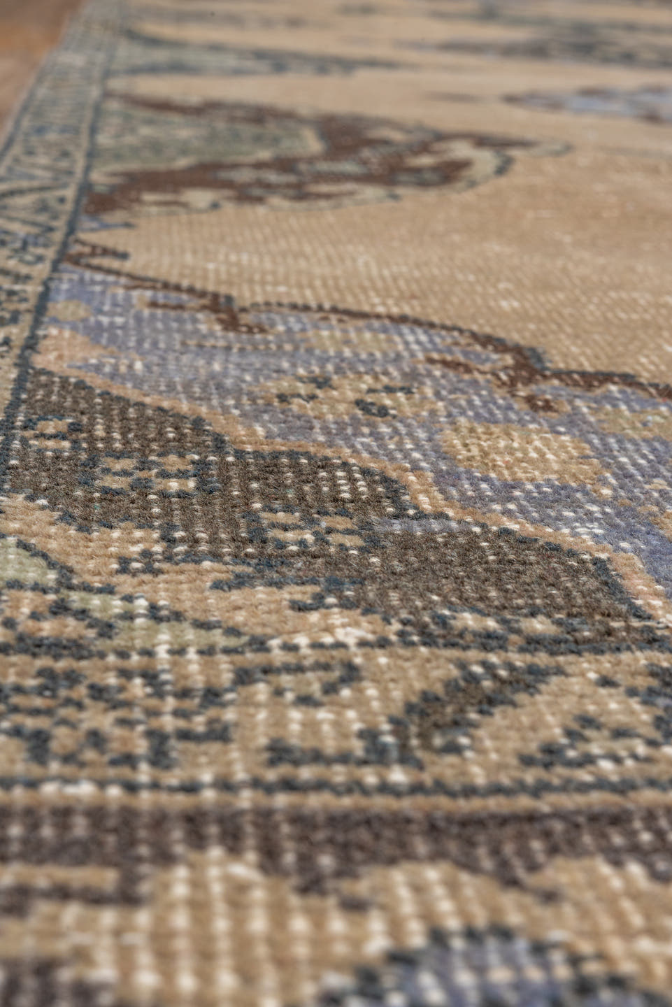 4' x 12' one-of-a-kind handmade vintage Oushak runner rug. Color palette: camel, taupe, slate, powder_blue, sage, charcoal