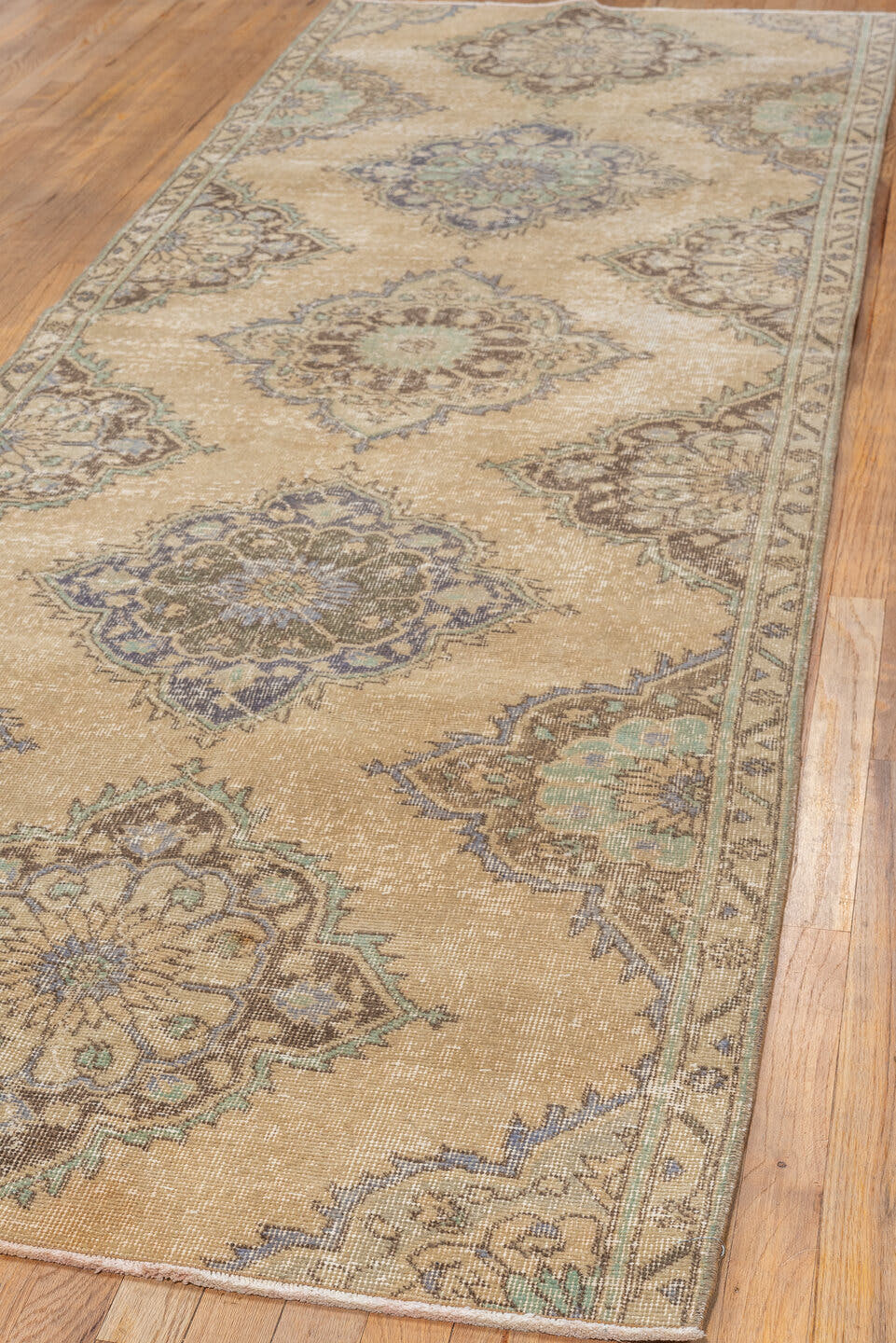 3' x 10' one-of-a-kind handmade vintage Oushak runner rug. Color palette: tan, taupe, slate, sage, brown, ivory, beige, gray