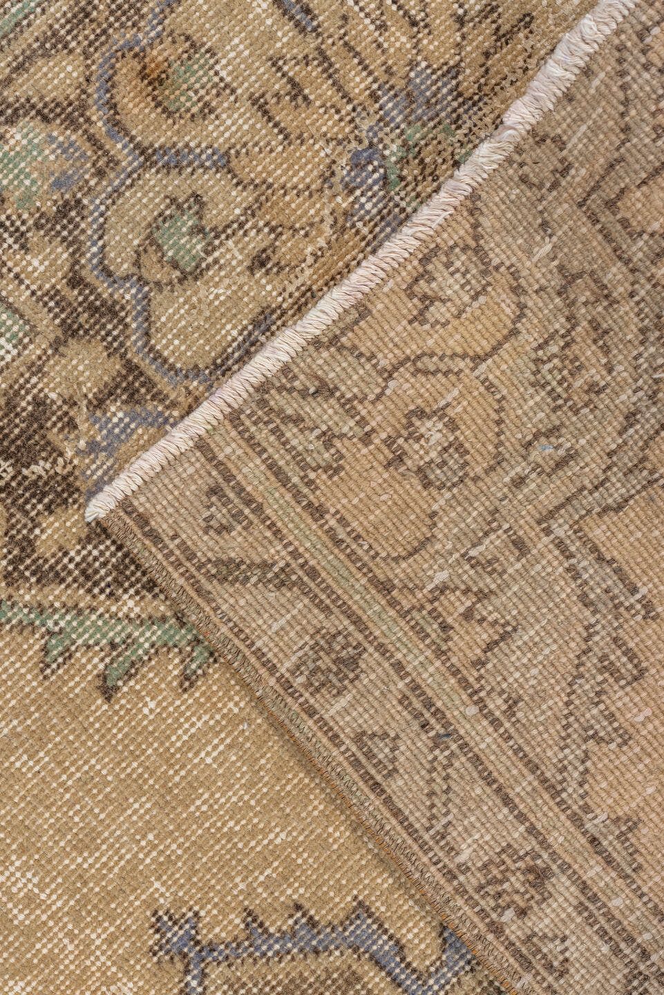 3' x 10' one-of-a-kind handmade vintage Oushak runner rug. Color palette: tan, taupe, slate, sage, brown, ivory, beige, gray