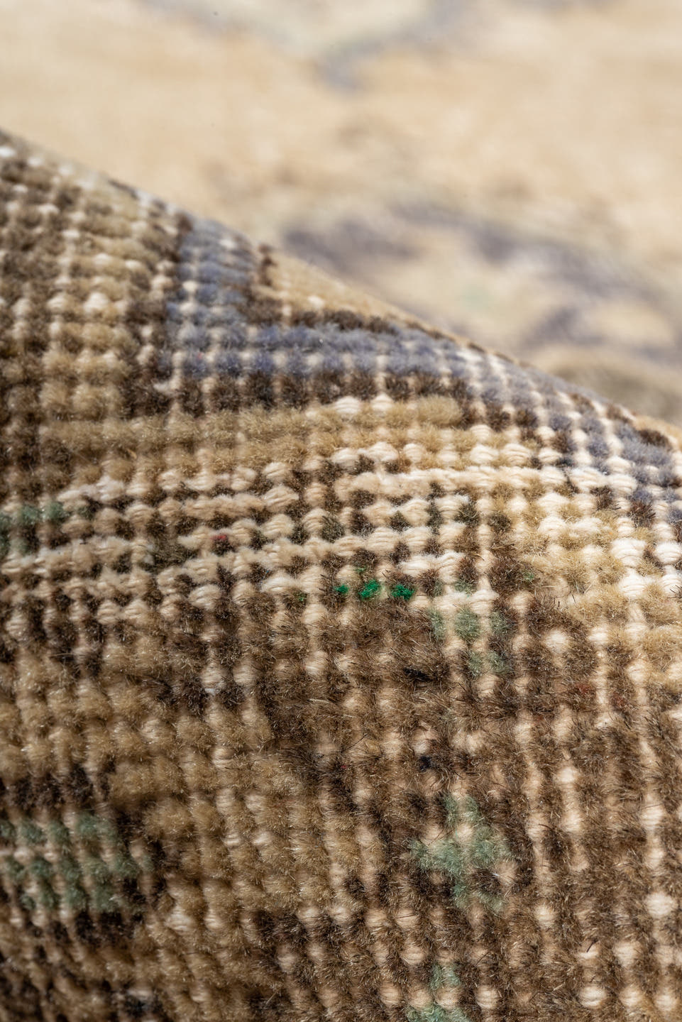 3' x 10' one-of-a-kind handmade vintage Oushak runner rug. Color palette: tan, taupe, slate, sage, brown, ivory, beige, gray