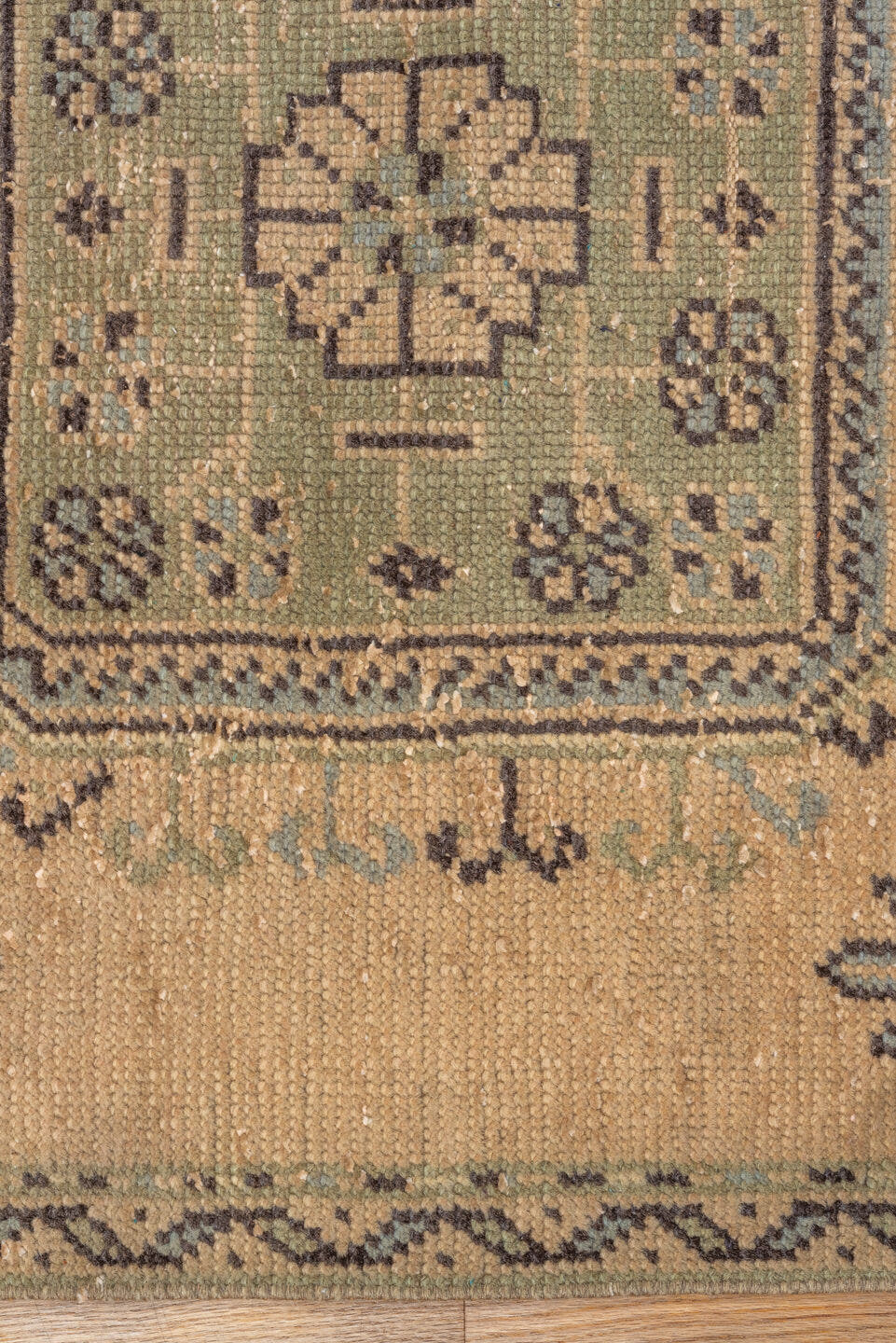 3' x 11' one-of-a-kind handmade vintage Oushak runner rug. Color palette: tan, brown, blue_gray, taupe, ivory, charcoal