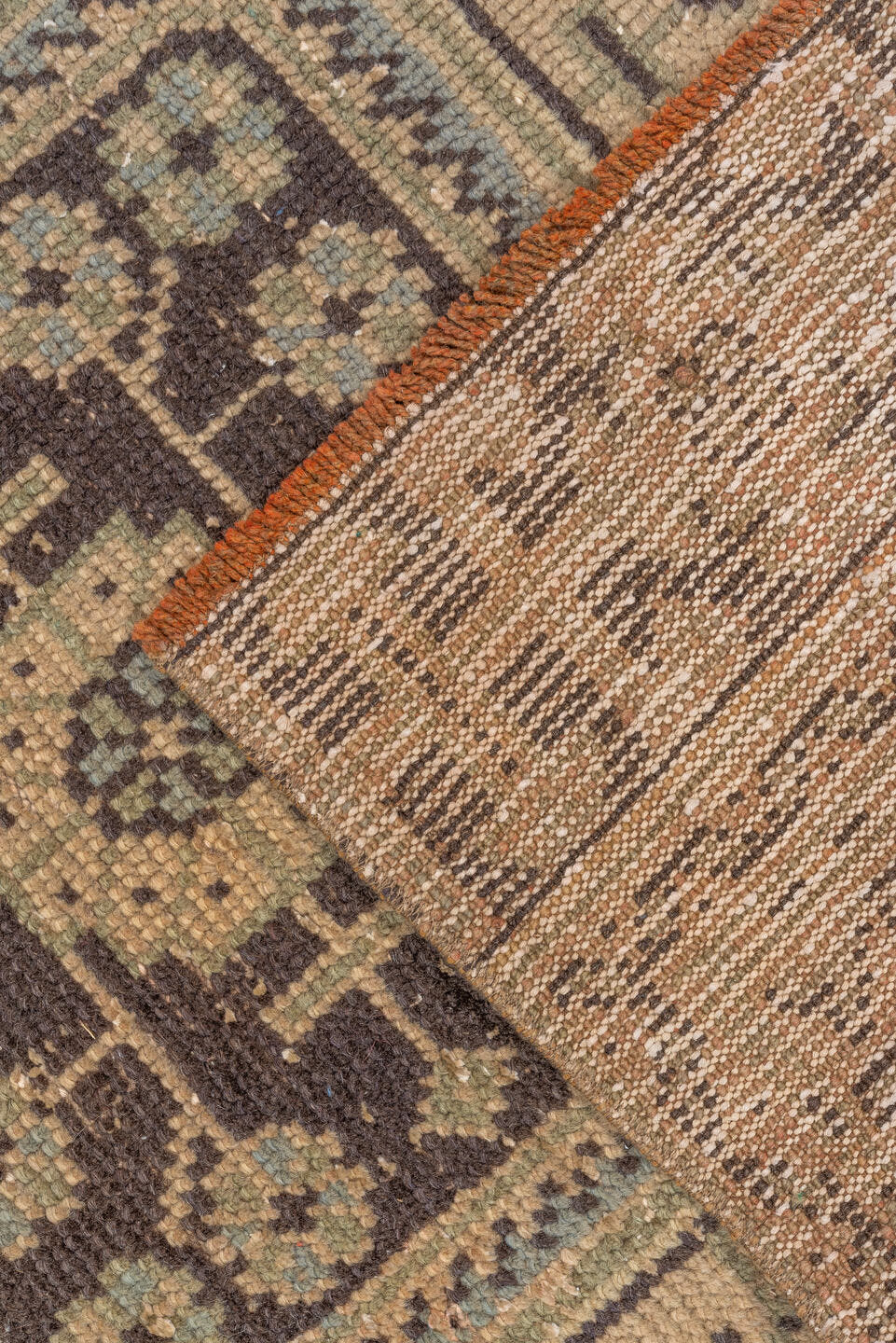 3' x 11' one-of-a-kind handmade vintage Oushak runner rug. Color palette: tan, brown, blue_gray, taupe, ivory, charcoal