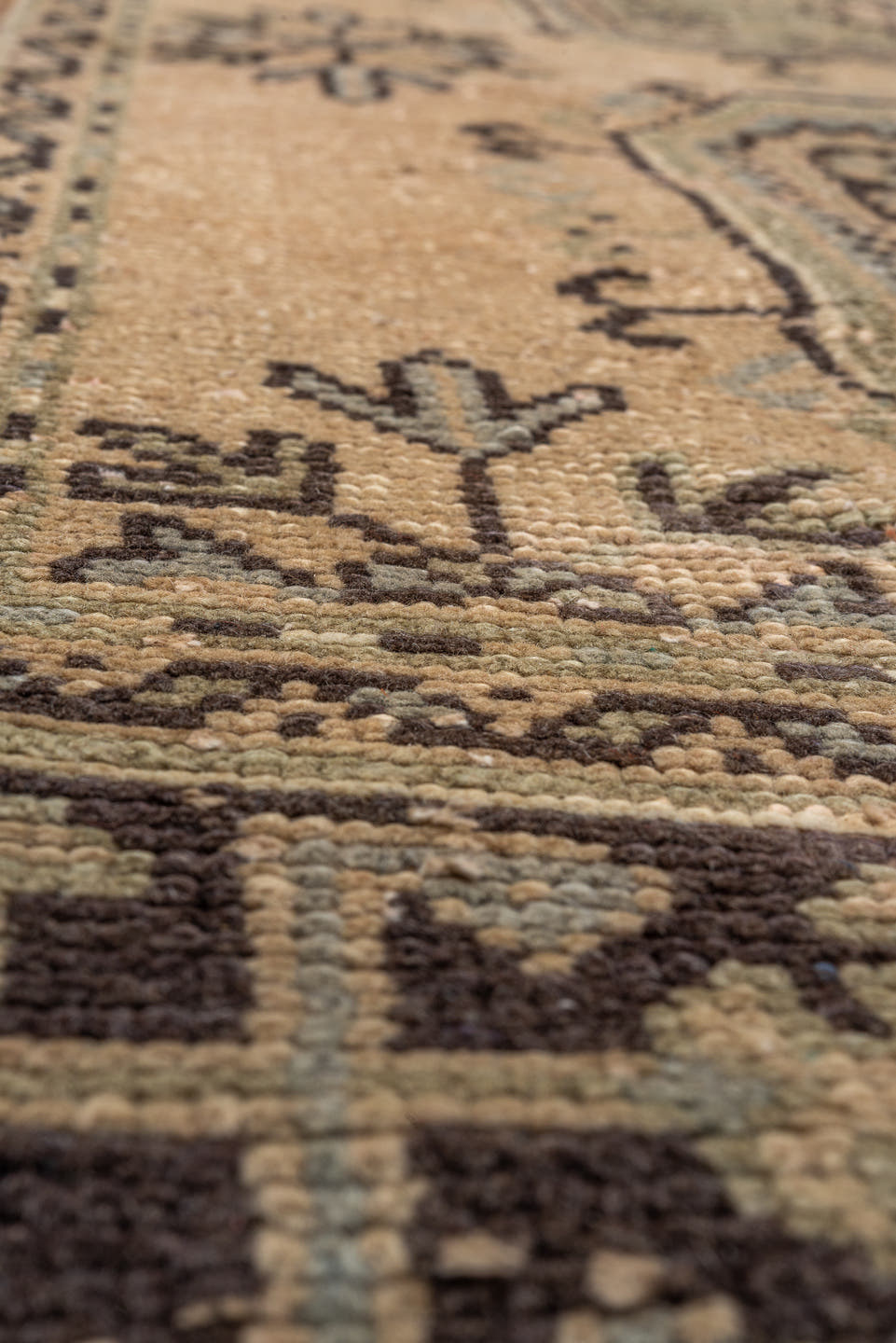 3' x 11' one-of-a-kind handmade vintage Oushak runner rug. Color palette: tan, brown, blue_gray, taupe, ivory, charcoal