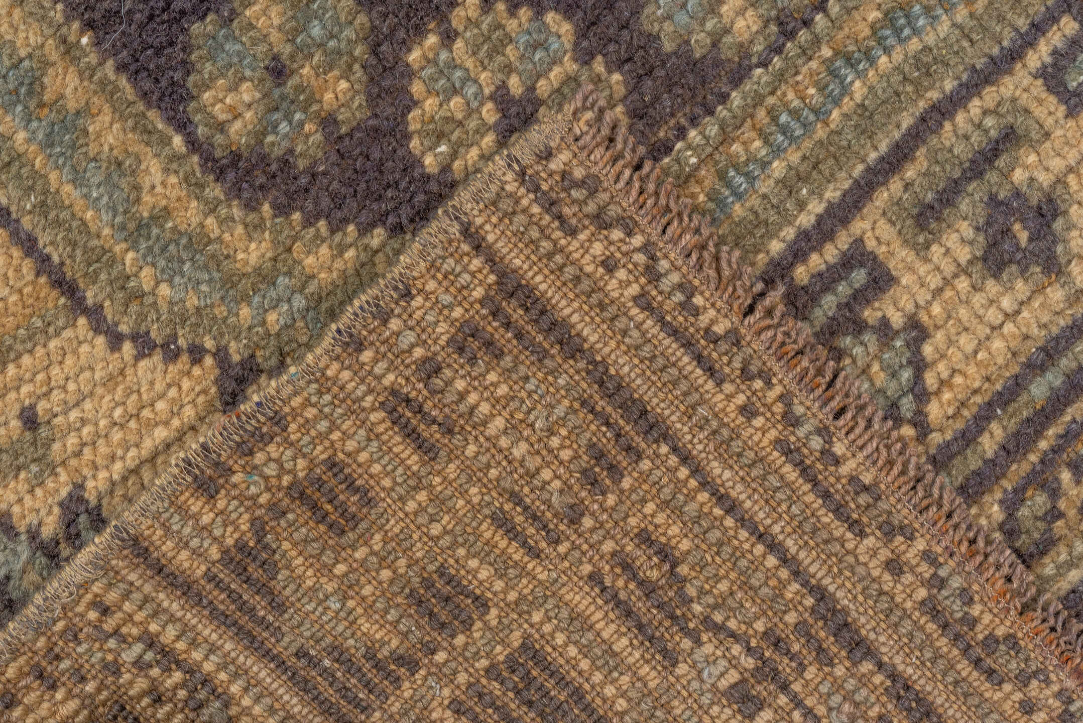 3' x 10' one-of-a-kind handmade vintage Oushak runner rug. Color palette: camel, taupe, brown, sage, slate, charcoal, olive