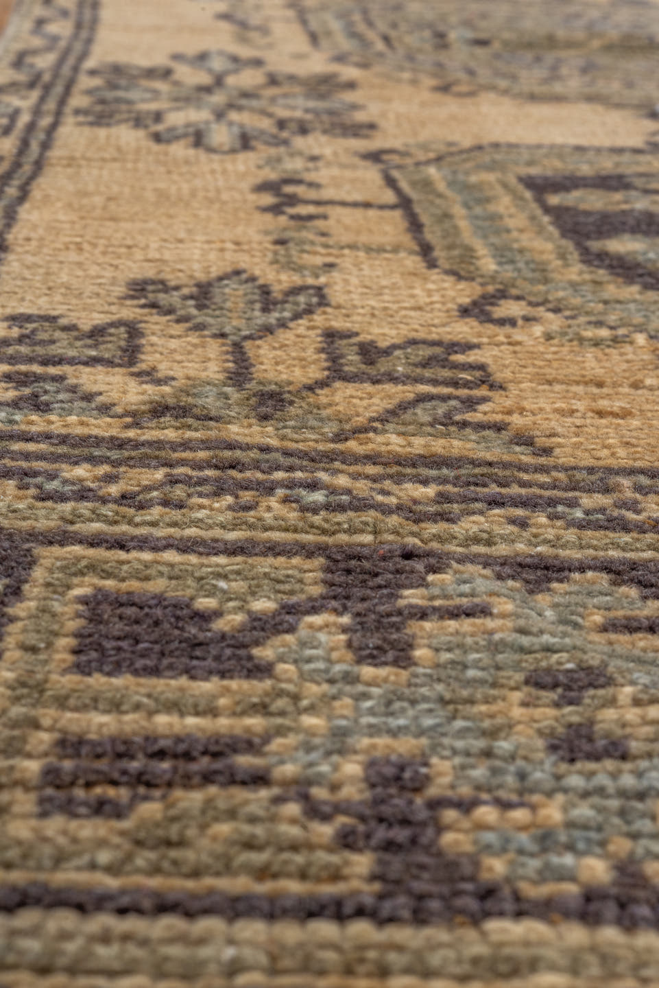 3' x 10' one-of-a-kind handmade vintage Oushak runner rug. Color palette: camel, taupe, brown, sage, slate, charcoal, olive