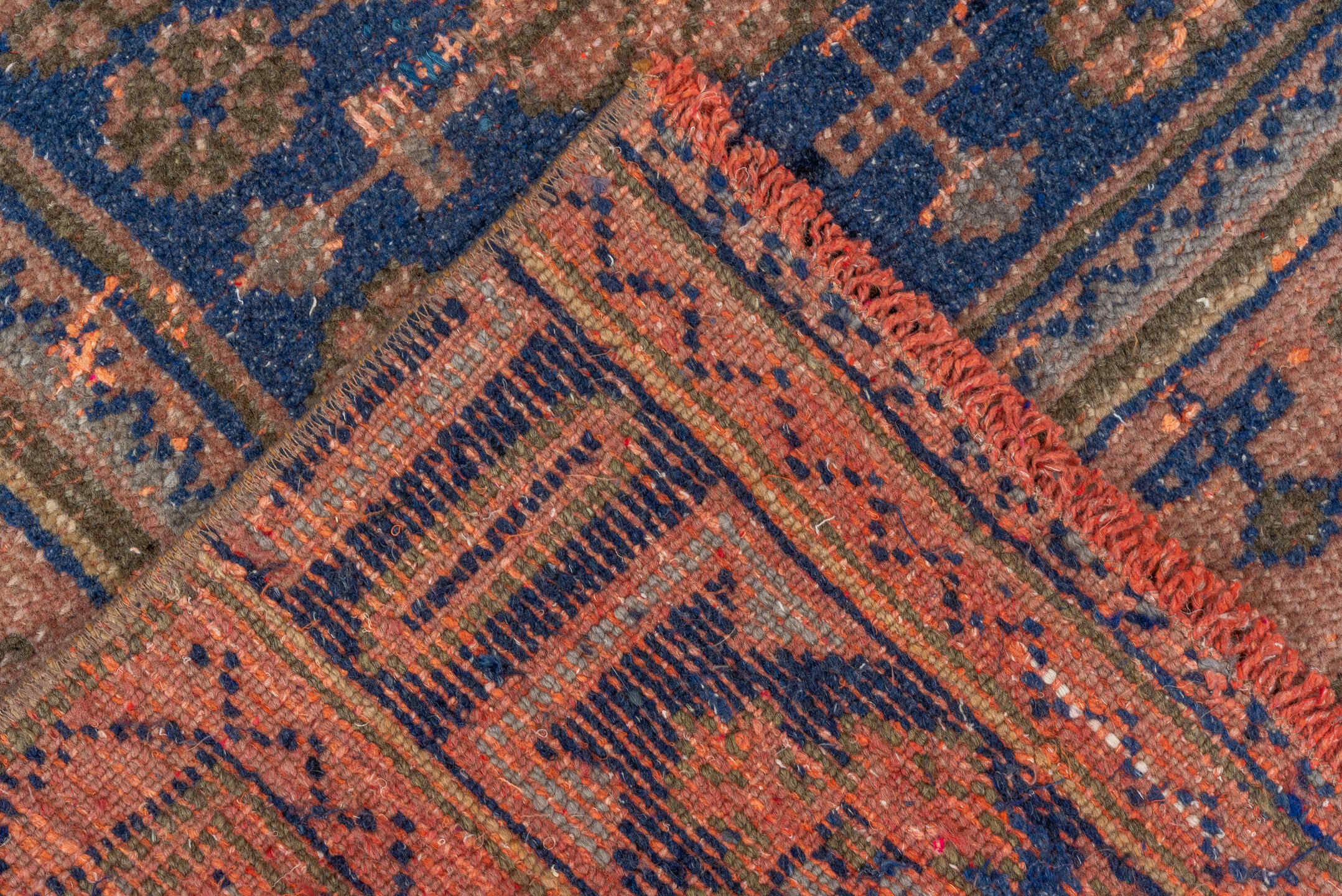 3' x 10' one-of-a-kind handmade vintage Oushak runner rug. Color palette: taupe, navy, rose, terra cotta, slate, olive