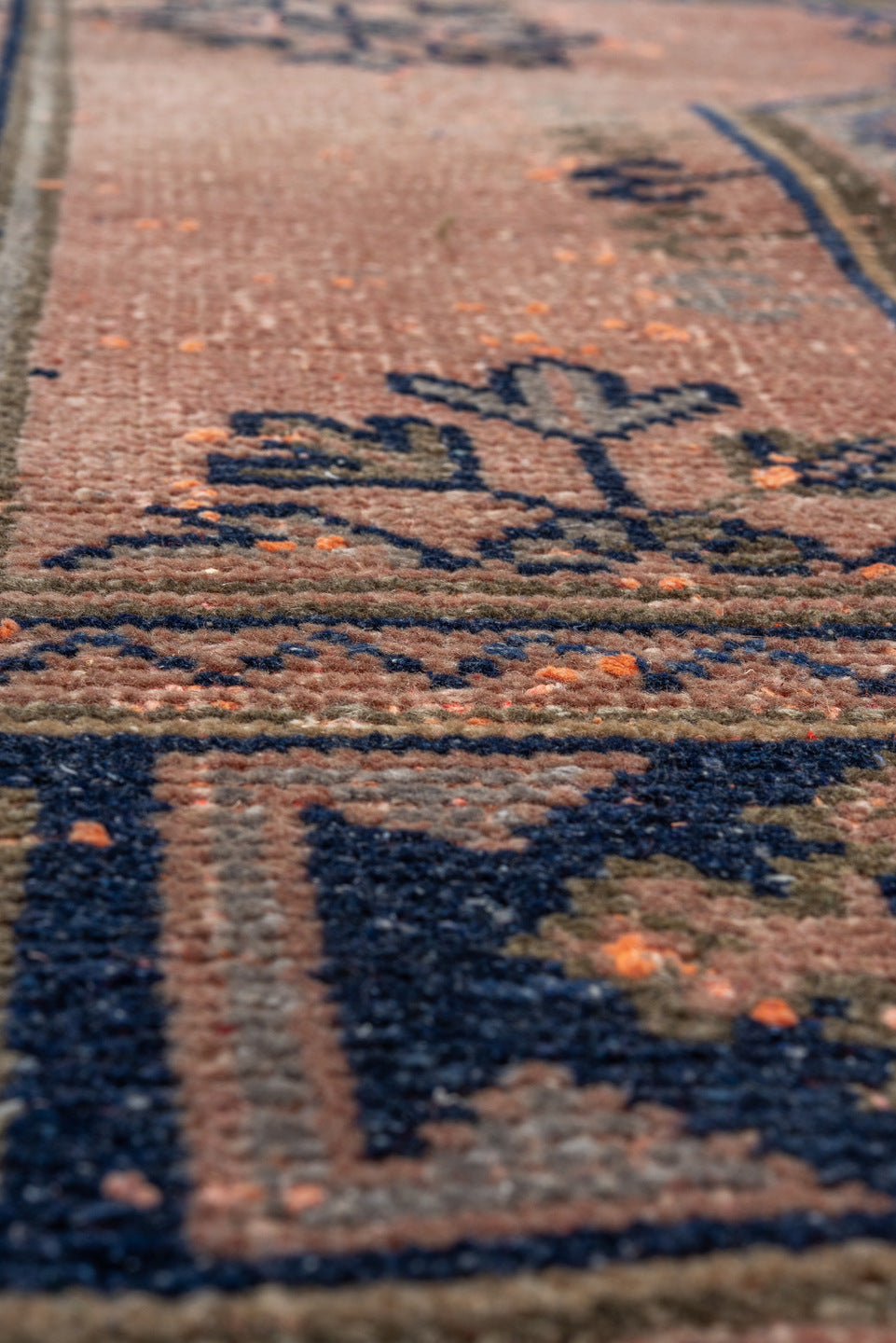 3' x 10' one-of-a-kind handmade vintage Oushak runner rug. Color palette: taupe, navy, rose, terra cotta, slate, olive