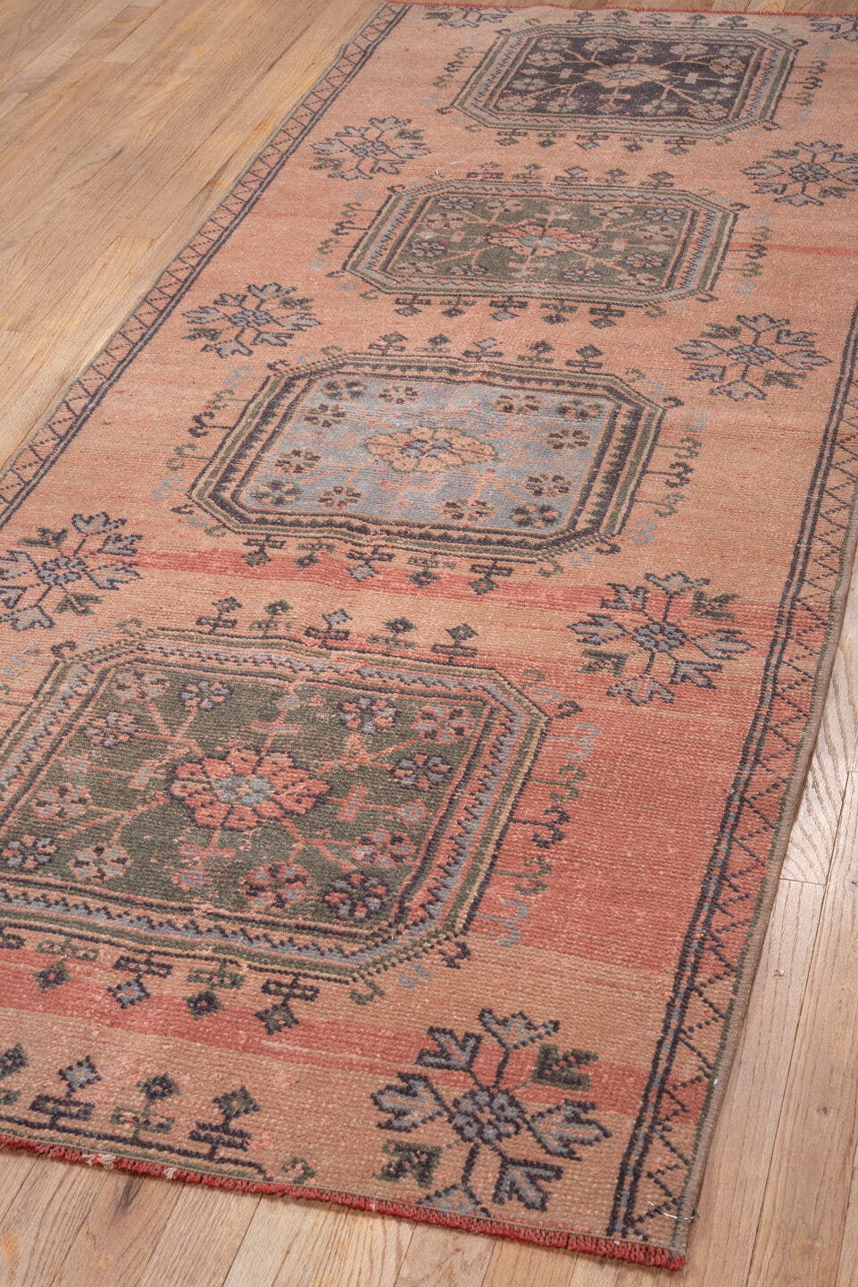 3' x 8' one-of-a-kind handmade vintage Ouzbek runner rug. Color palette: rose, blush, charcoal, slate, muted olive
