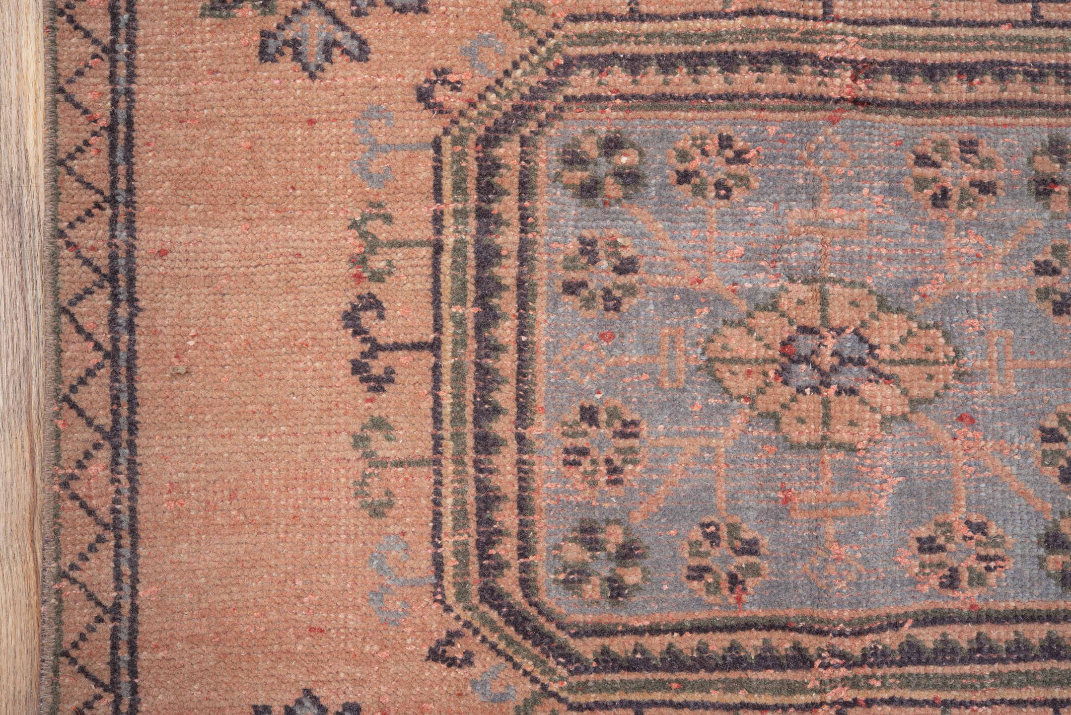3' x 8' one-of-a-kind handmade vintage Ouzbek runner rug. Color palette: rose, blush, charcoal, slate, muted olive