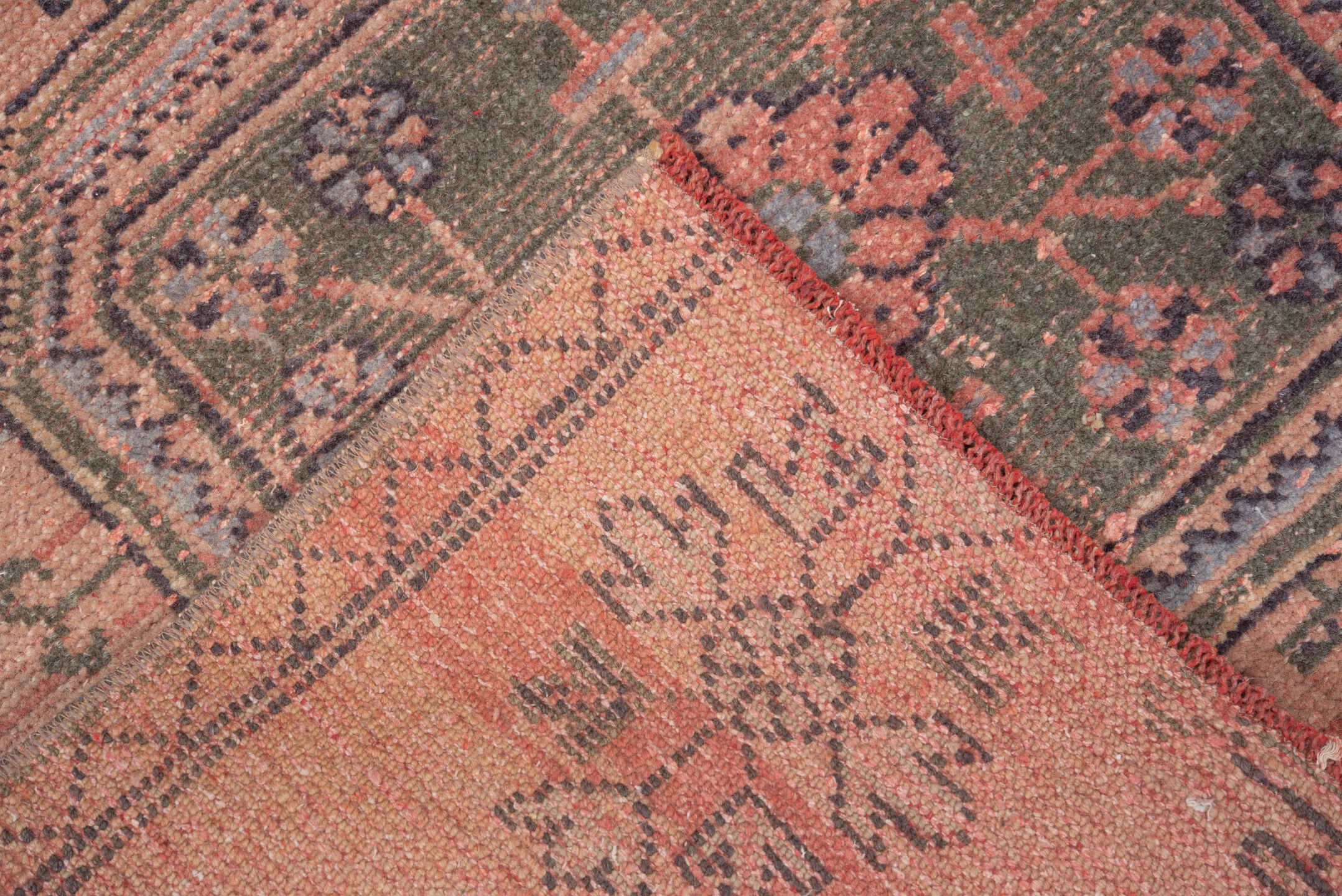 3' x 8' one-of-a-kind handmade vintage Ouzbek runner rug. Color palette: rose, blush, charcoal, slate, muted olive