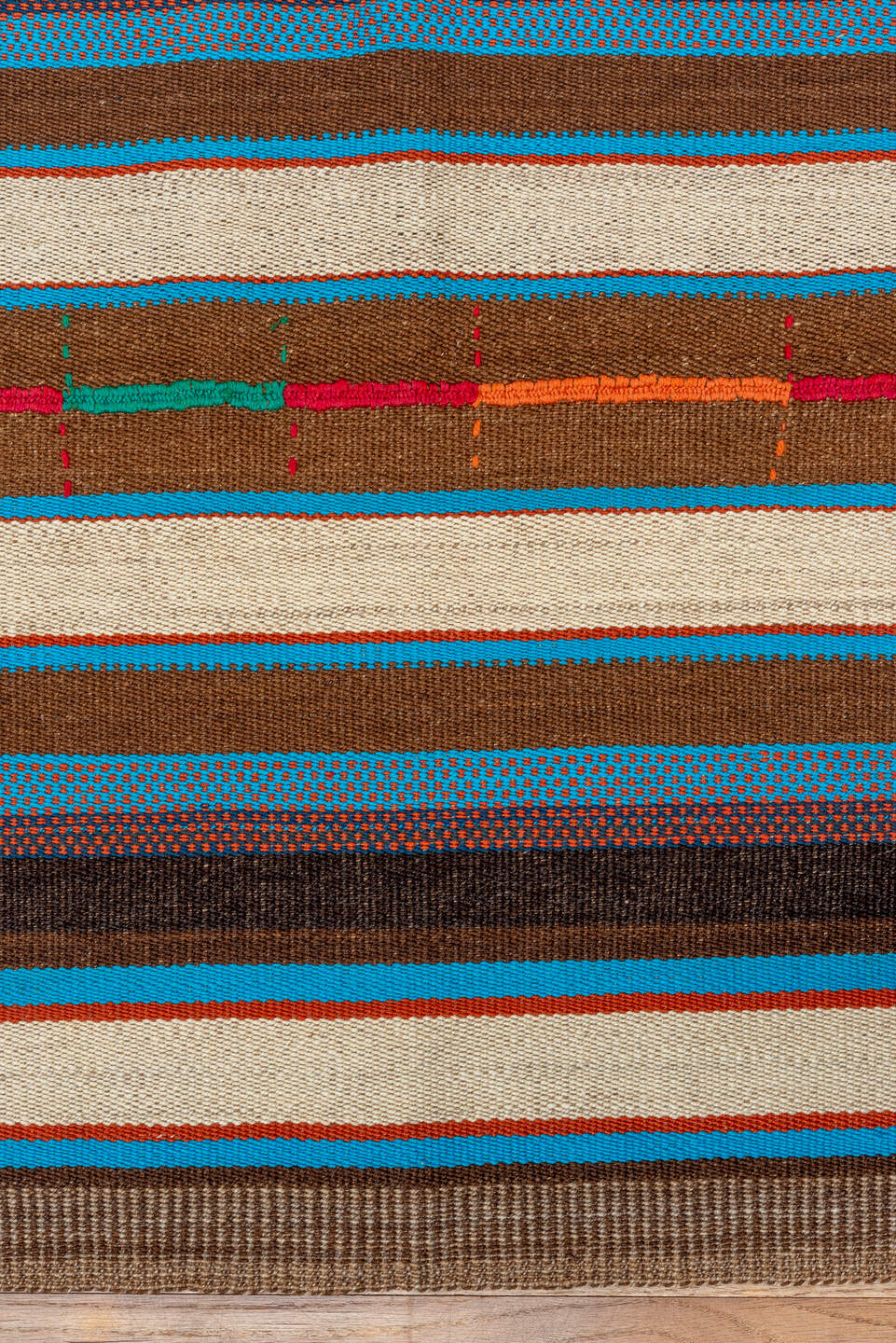 5' x 7' one-of-a-kind handmade vintage Kilim rug. Color palette: ivory, brown, turquoise, charcoal, taupe, rust, crimson