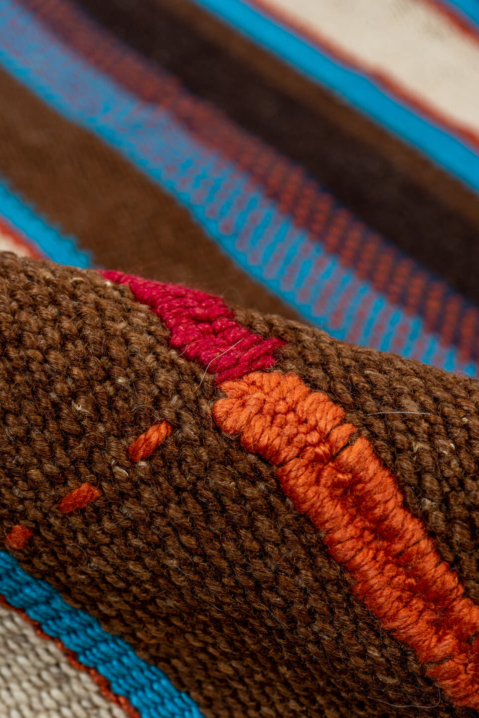 5' x 7' one-of-a-kind handmade vintage Kilim rug. Color palette: ivory, brown, turquoise, charcoal, taupe, rust, crimson