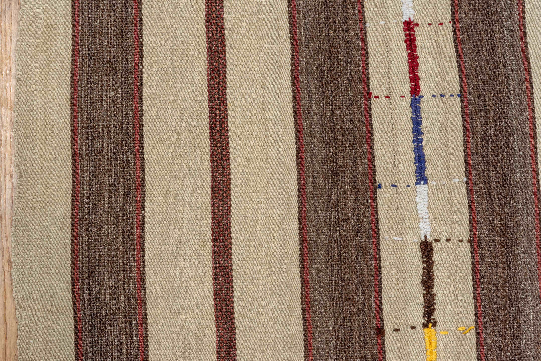 6' x 7' one-of-a-kind handmade vintage Kilim rug. Color palette: ivory, brown, taupe, charcoal, magenta, cobalt, gold, teal
