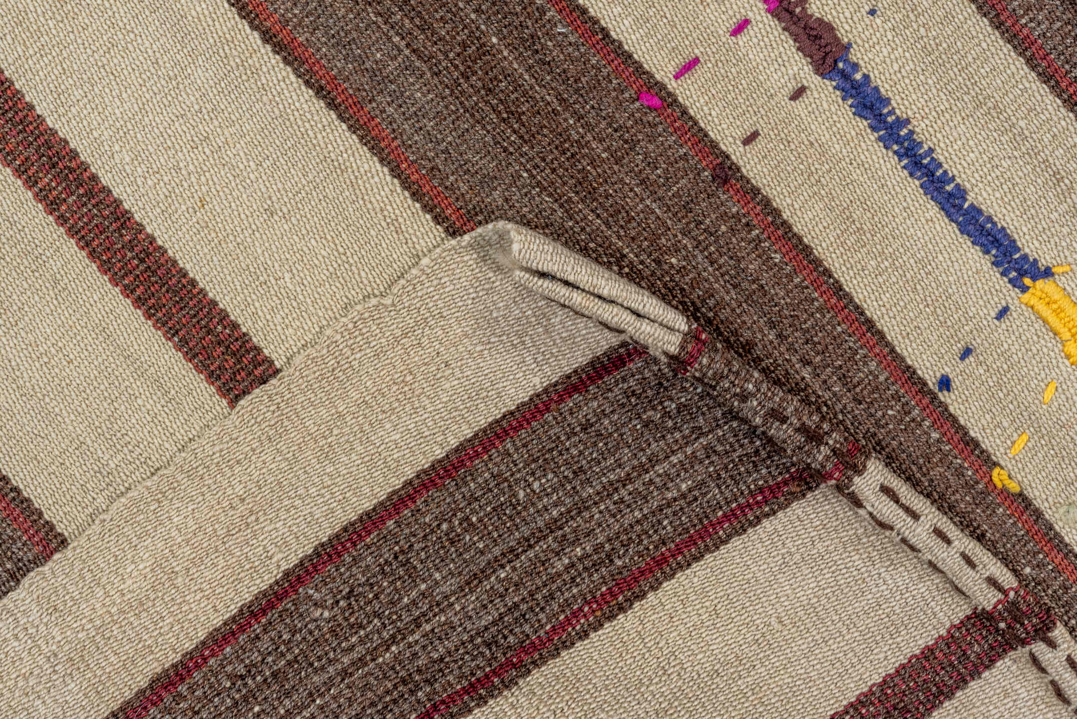 6' x 7' one-of-a-kind handmade vintage Kilim rug. Color palette: ivory, brown, taupe, charcoal, magenta, cobalt, gold, teal