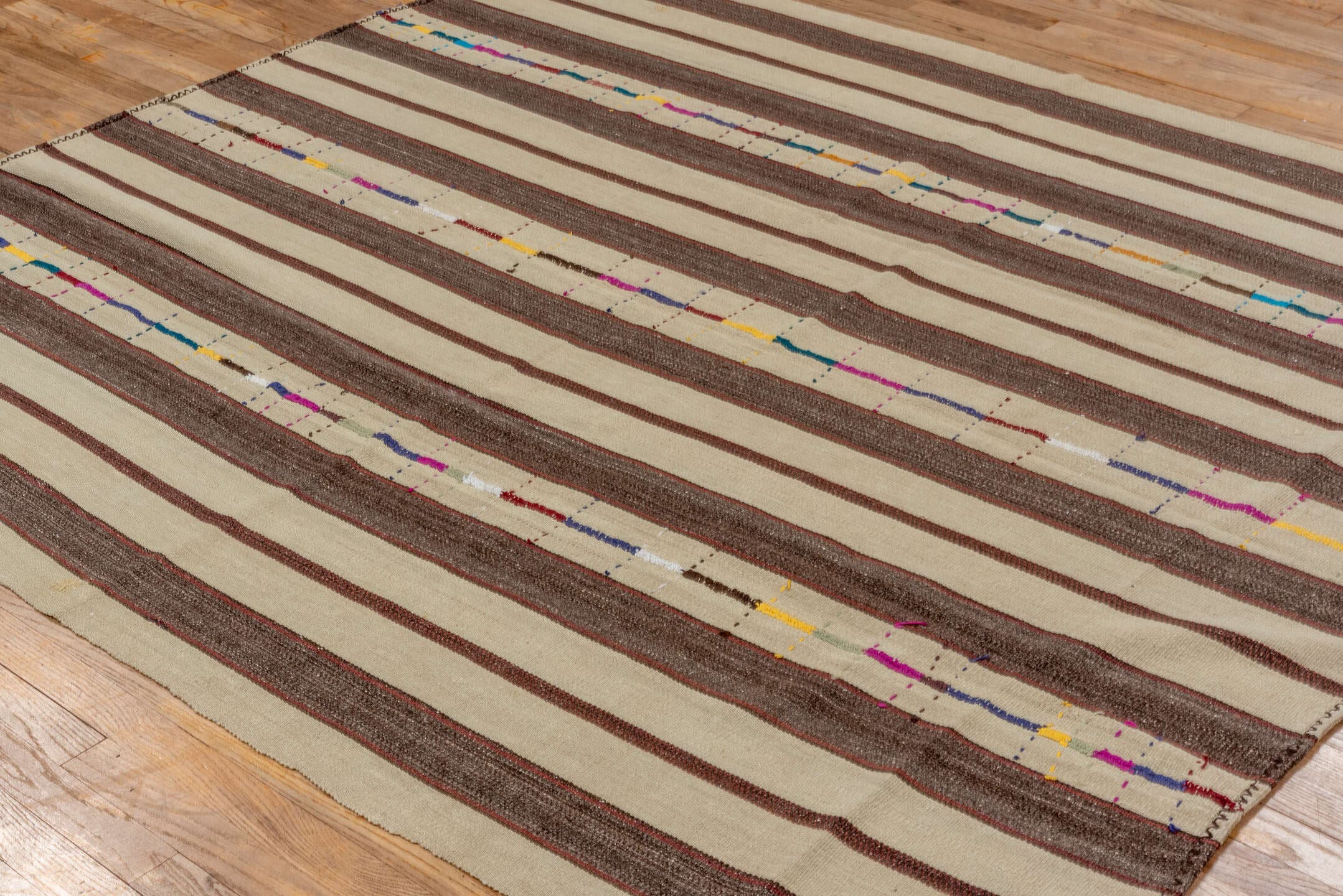 6' x 7' one-of-a-kind handmade vintage Kilim rug. Color palette: ivory, brown, taupe, charcoal, magenta, cobalt, gold, teal