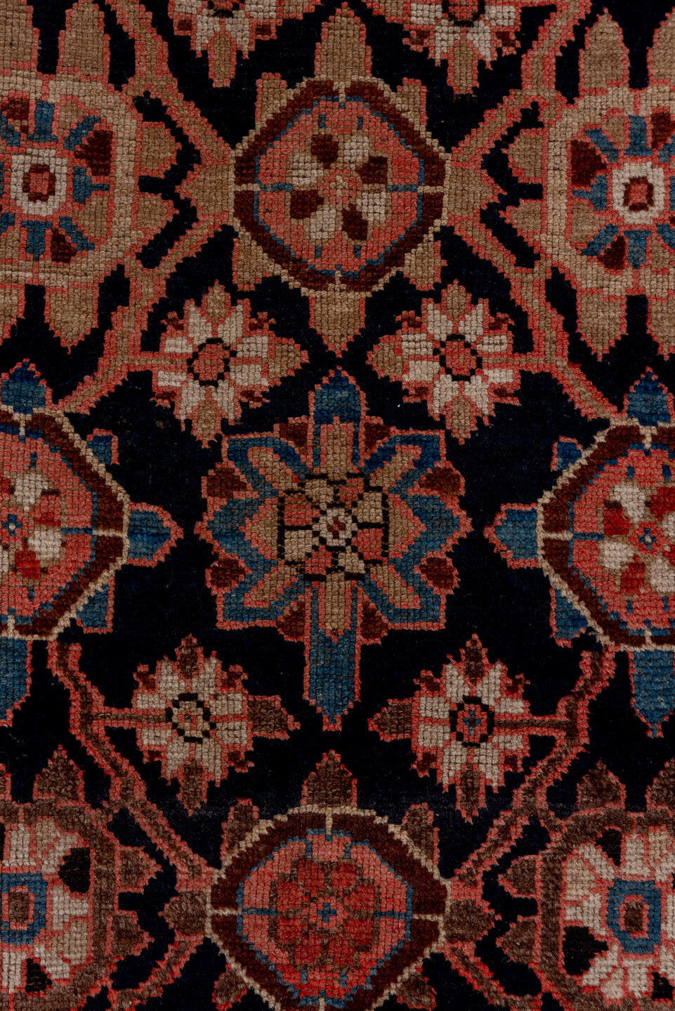 3' x 11' one-of-a-kind handmade antique Kurd runner rug. Color palette: navy, ivory, rust, crimson, camel, slate, blue