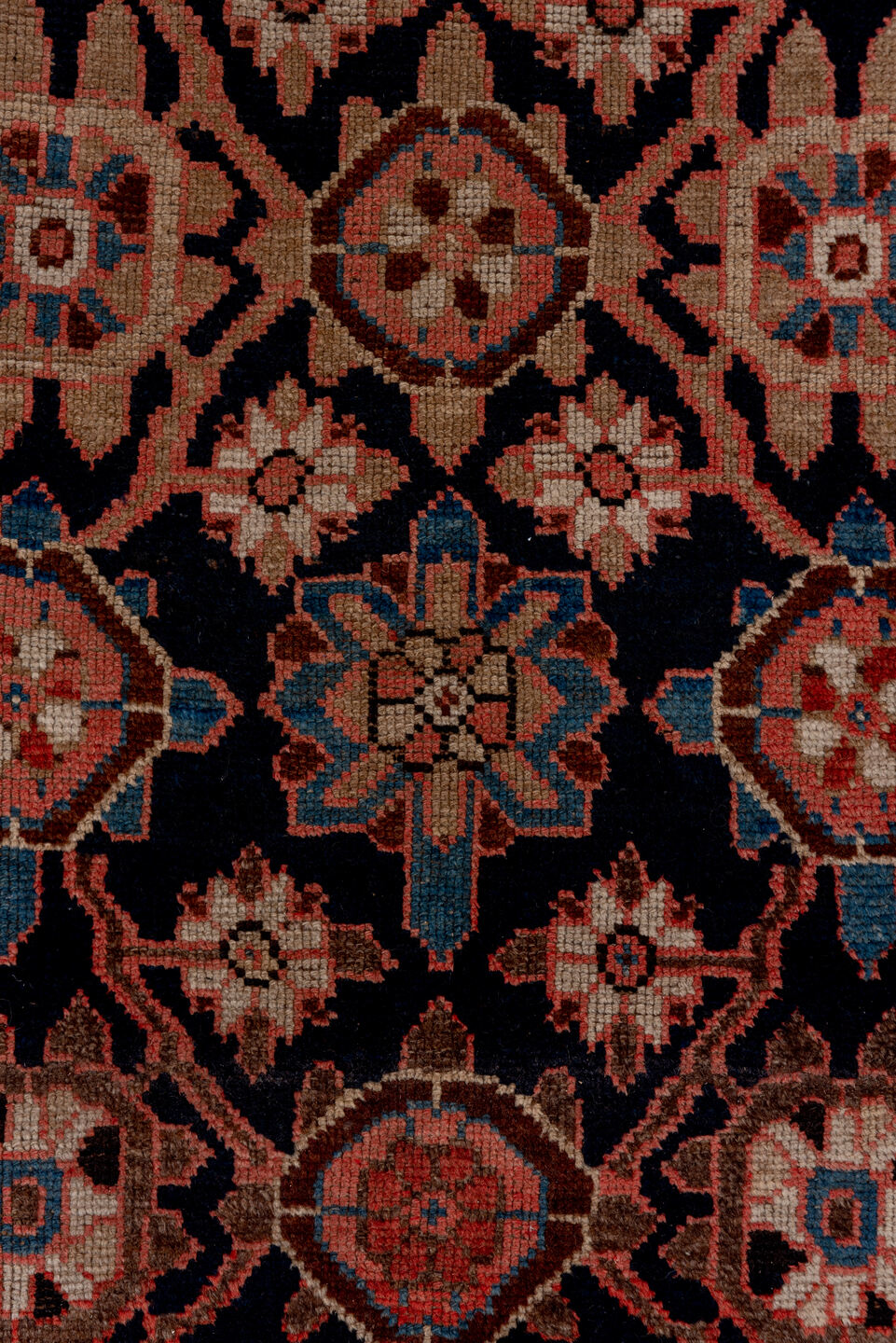 3' x 11' one-of-a-kind handmade vintage Kurd runner rug. Color palette: blue, brown, fiord, gray, pink, red, redwood