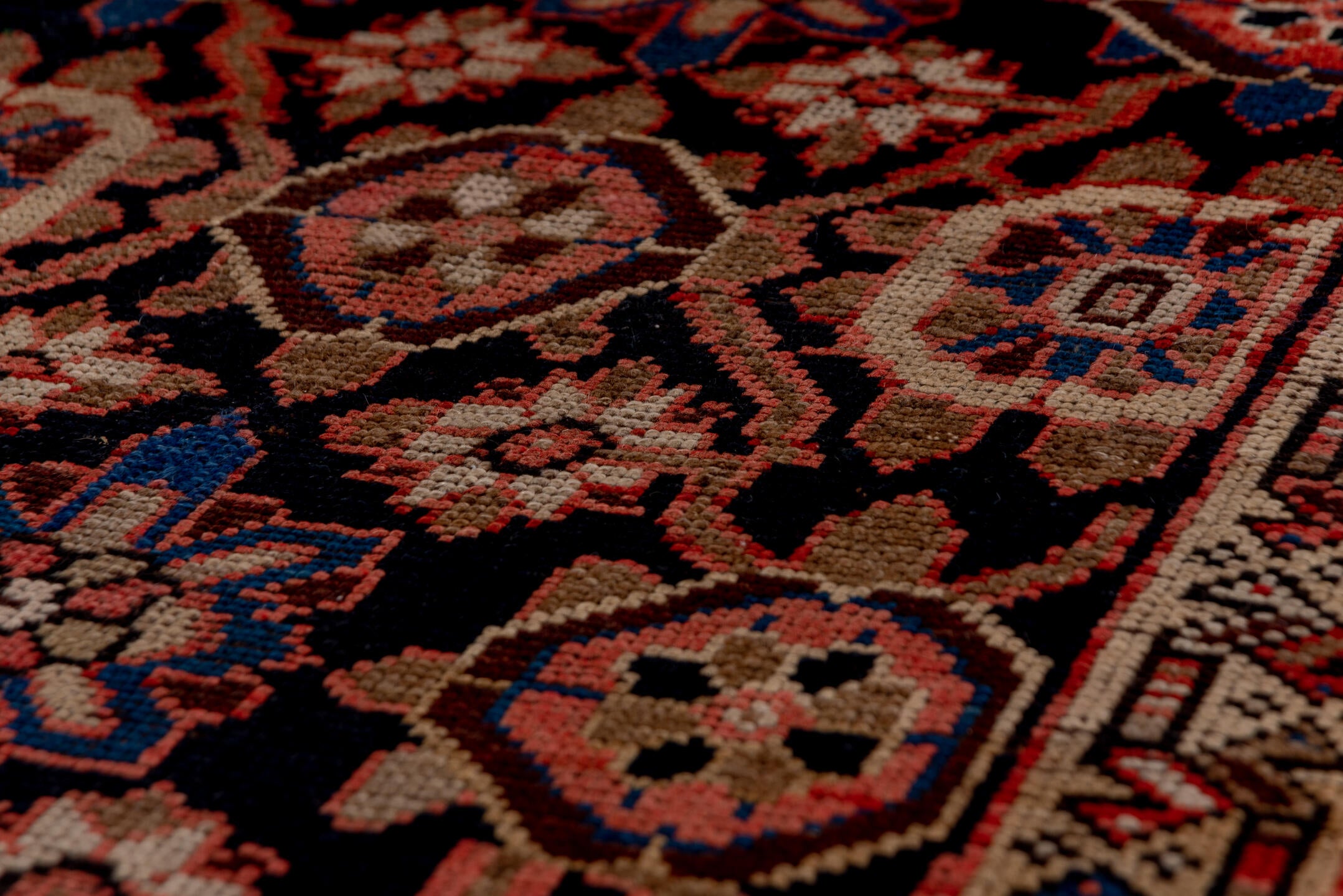3' x 11' one-of-a-kind handmade vintage Kurd runner rug. Color palette: blue, brown, fiord, gray, pink, red, redwood