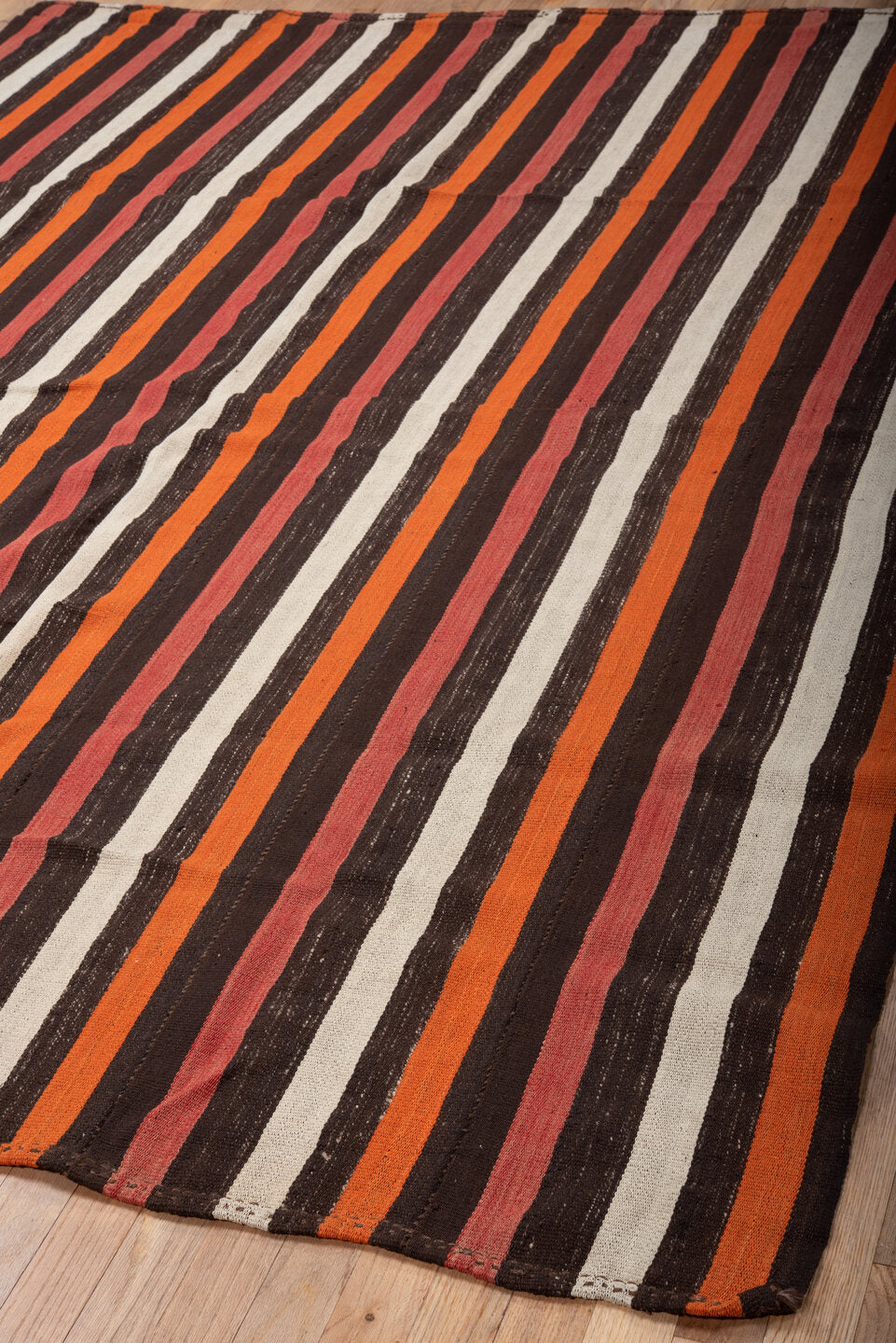 6' x 8' one-of-a-kind handmade vintage Kilim medium size rug. Color palette: black, brown, coral, fire brick, gray