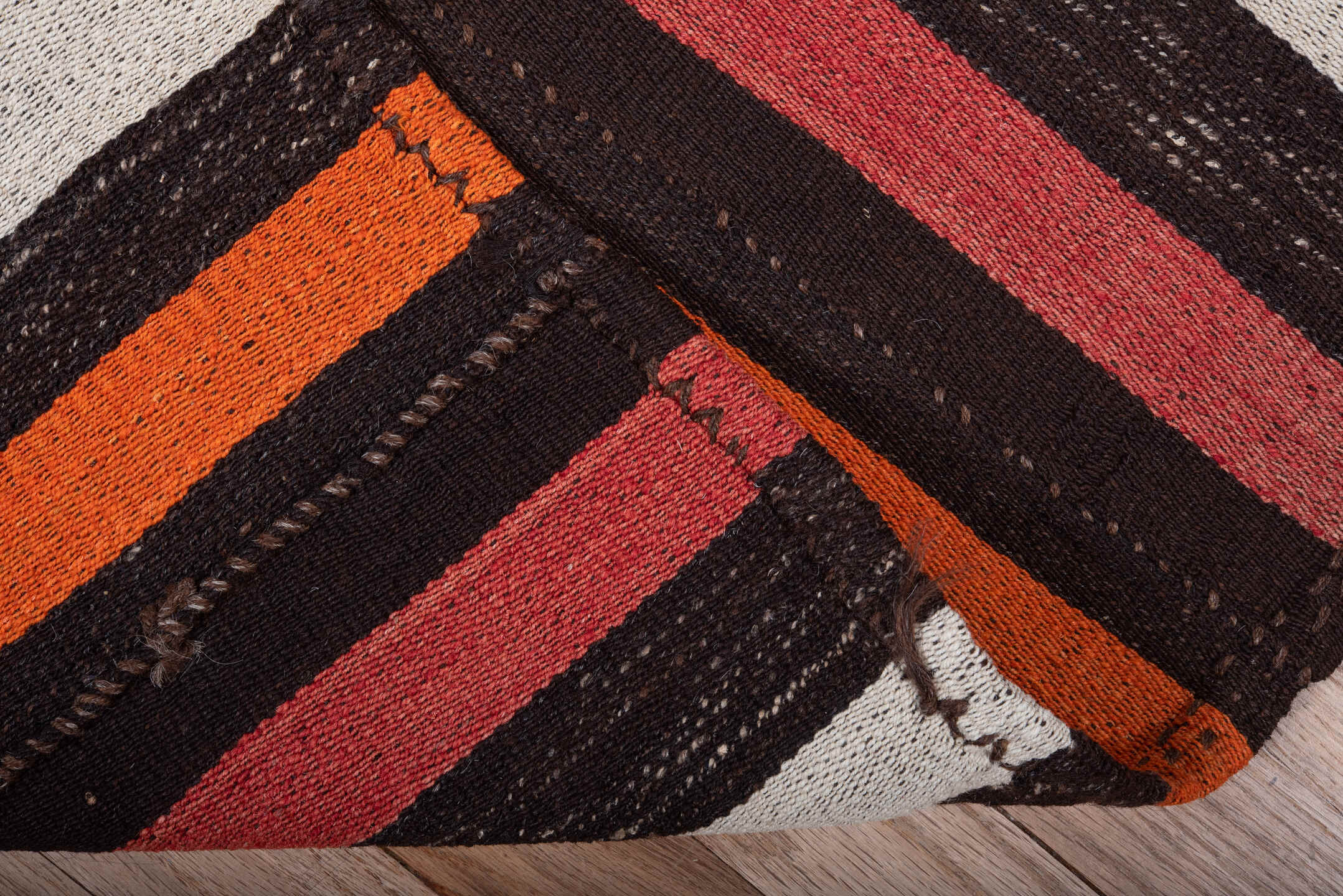 6' x 8' one-of-a-kind handmade vintage Kilim medium size rug. Color palette: black, brown, coral, fire brick, gray