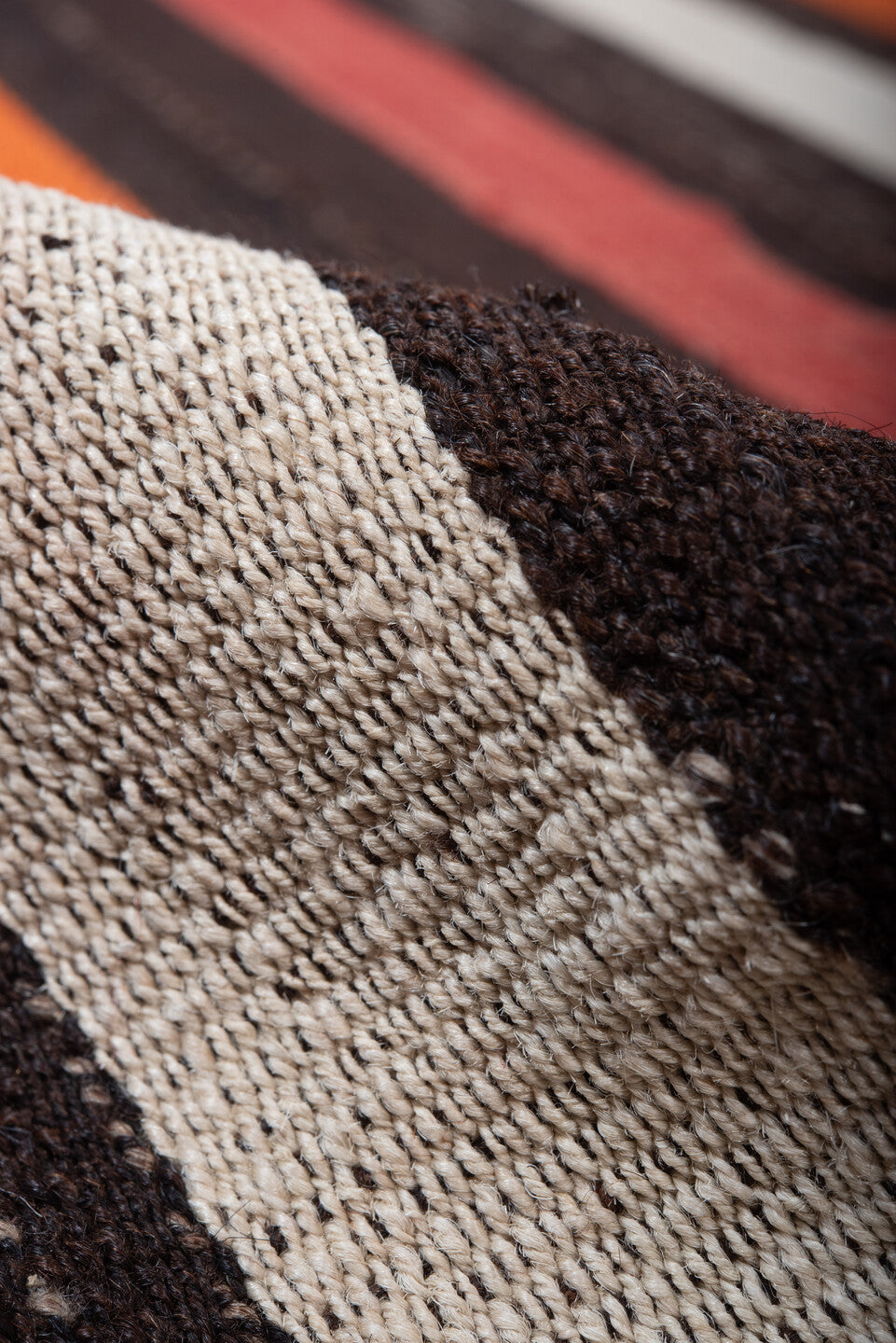 6' x 8' one-of-a-kind handmade vintage Kilim medium size rug. Color palette: black, brown, coral, fire brick, gray