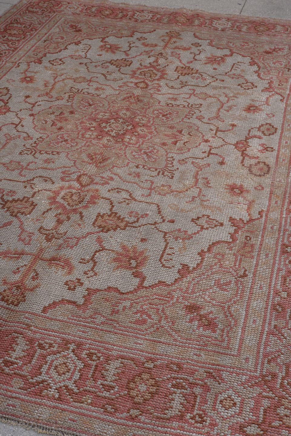 6' x 9' one-of-a-kind handmade vintage Oushak medium size rug. Color palette: ivory, rose, rust, blush, taupe, camel, pink
