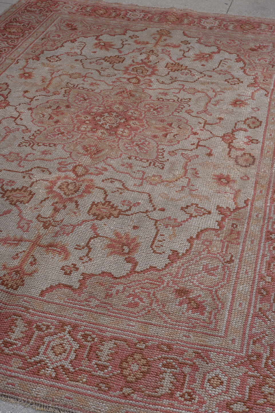 6' x 9' one-of-a-kind handmade vintage Oushak medium size rug. Color palette: brown, gray, light gray, off-white, pink, red