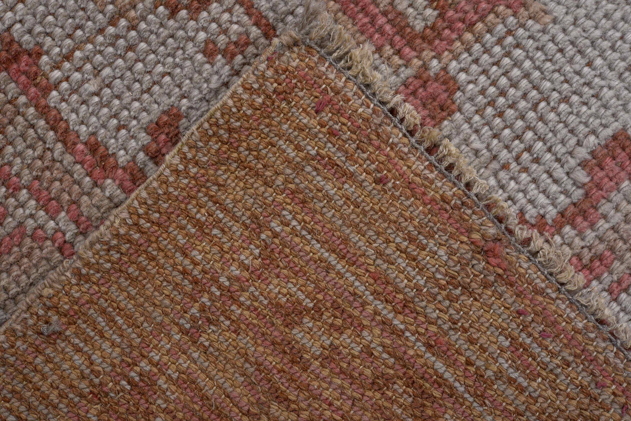 6' x 9' one-of-a-kind handmade vintage Oushak medium size rug. Color palette: brown, gray, light gray, off-white, pink, red
