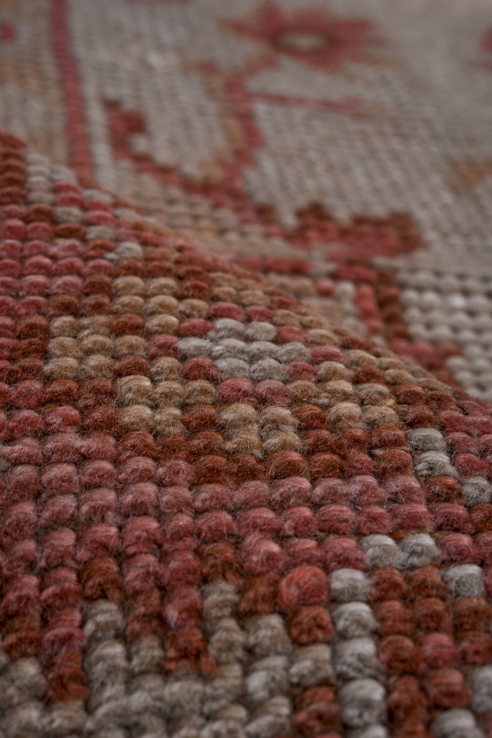6' x 9' one-of-a-kind handmade vintage Oushak medium size rug. Color palette: brown, gray, light gray, off-white, pink, red