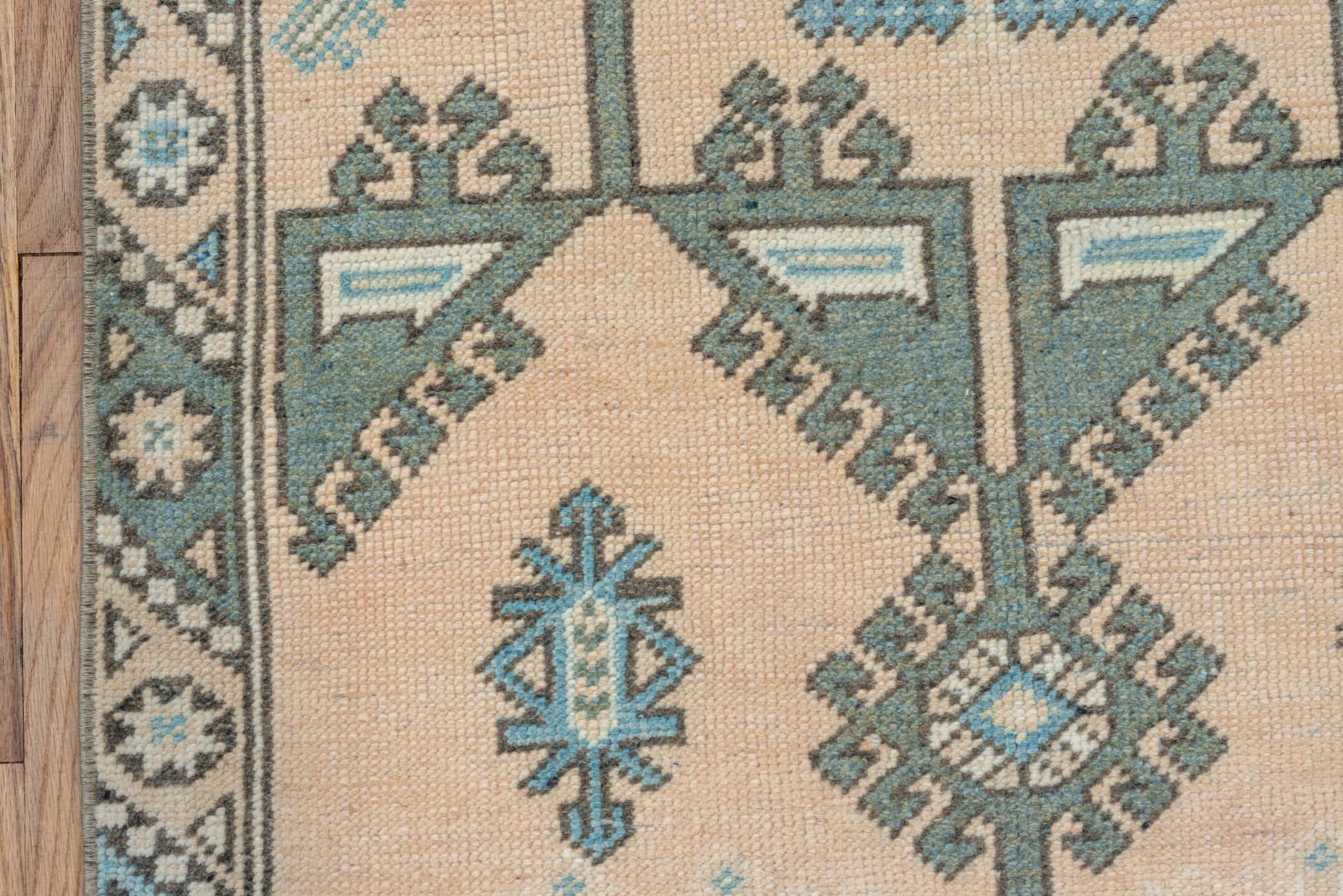 2' x 11' one-of-a-kind handmade antique Oushak runner rug. Color palette: ivory, aqua, taupe, beige, slate, camel, teal