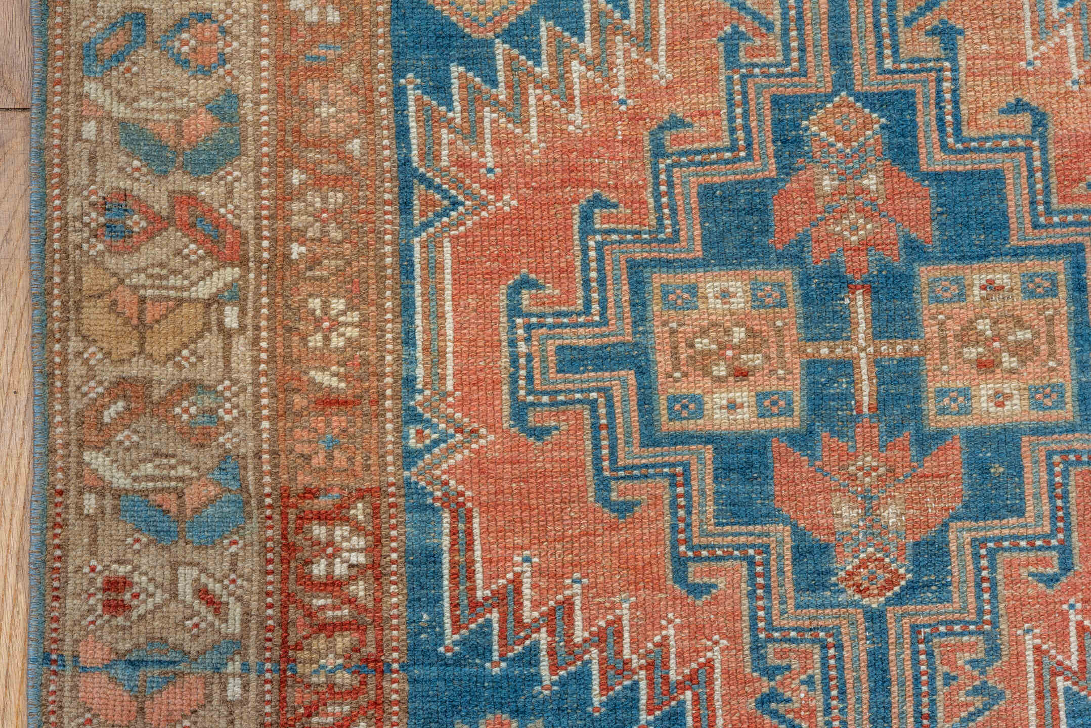 2' x 9' one-of-a-kind handmade vintage NW Persian runner rug. Color palette: salmon, ivory, teal, rust, camel, sky_blue