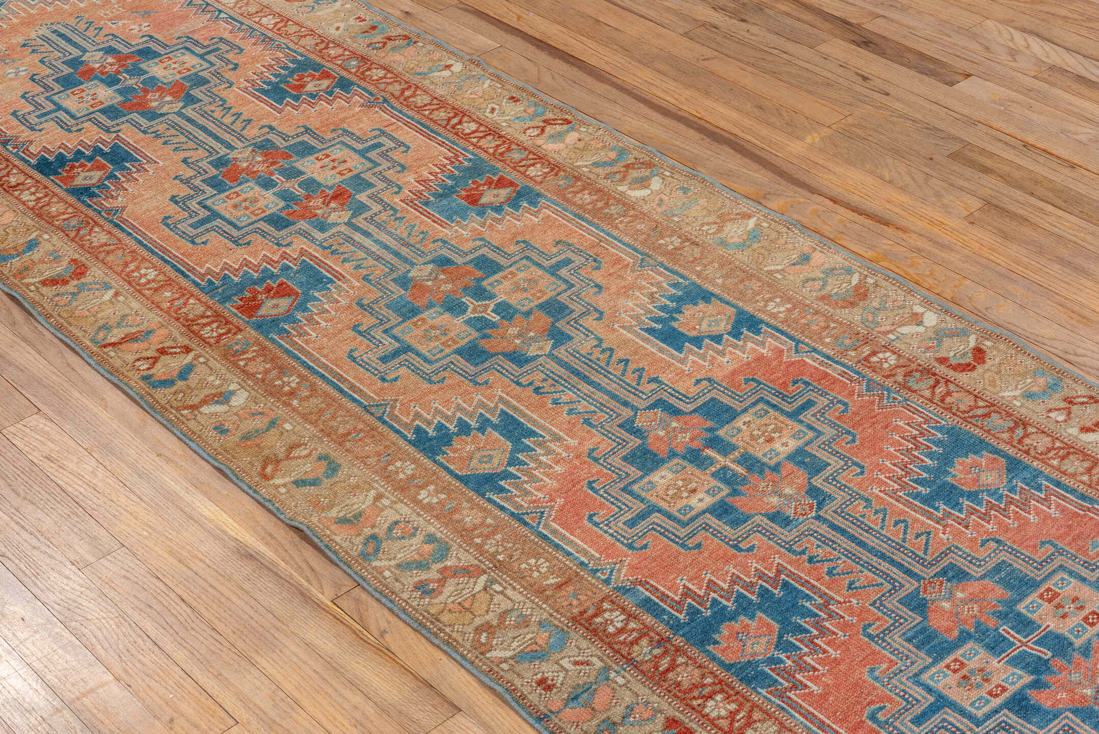 2' x 9' one-of-a-kind handmade vintage NW Persian runner rug. Color palette: salmon, ivory, teal, rust, camel, sky_blue