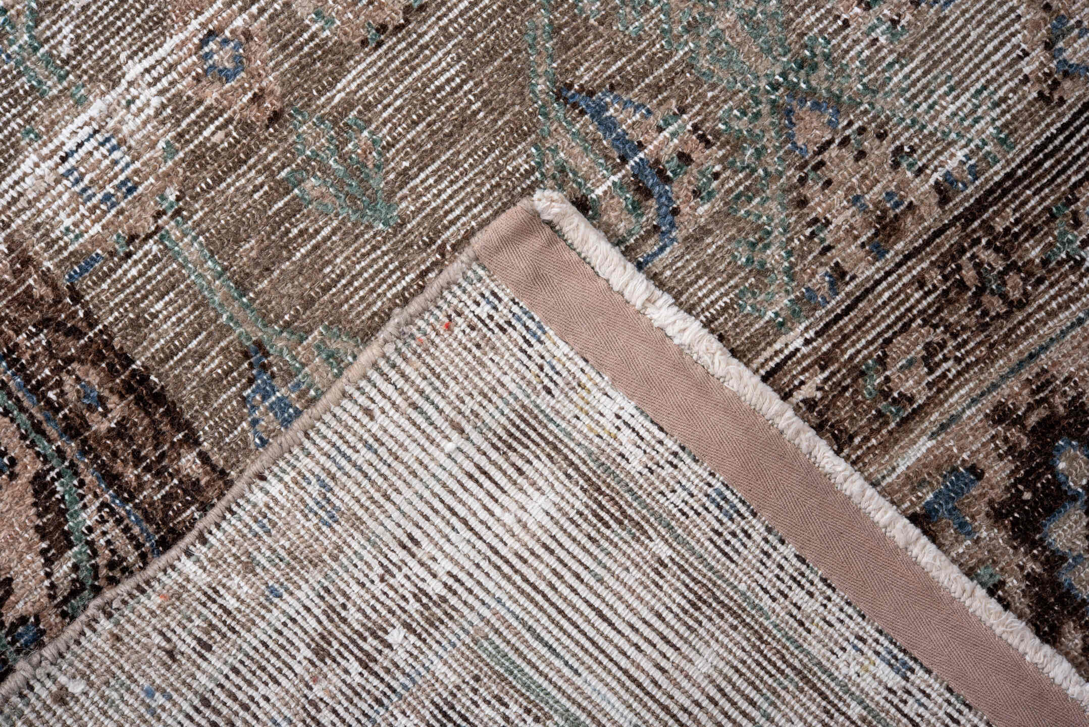 3' x 12' one-of-a-kind handmade antique Hamadan runner rug. Color palette: taupe, brown, ivory, blue, teal, charcoal, beige