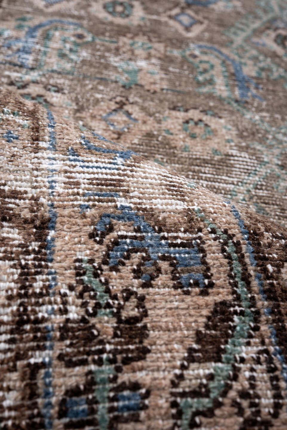3' x 12' one-of-a-kind handmade antique Hamadan runner rug. Color palette: taupe, brown, ivory, blue, teal, charcoal, beige