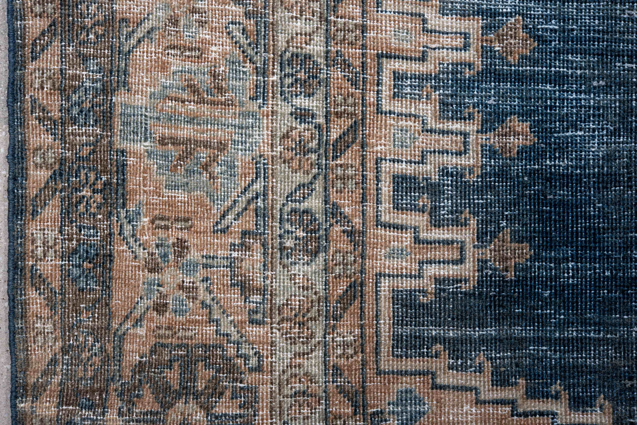 7' x 10' one-of-a-kind handmade antique Veece large size rug. Color palette: blue, ivory, taupe, rust, slate, camel, beige