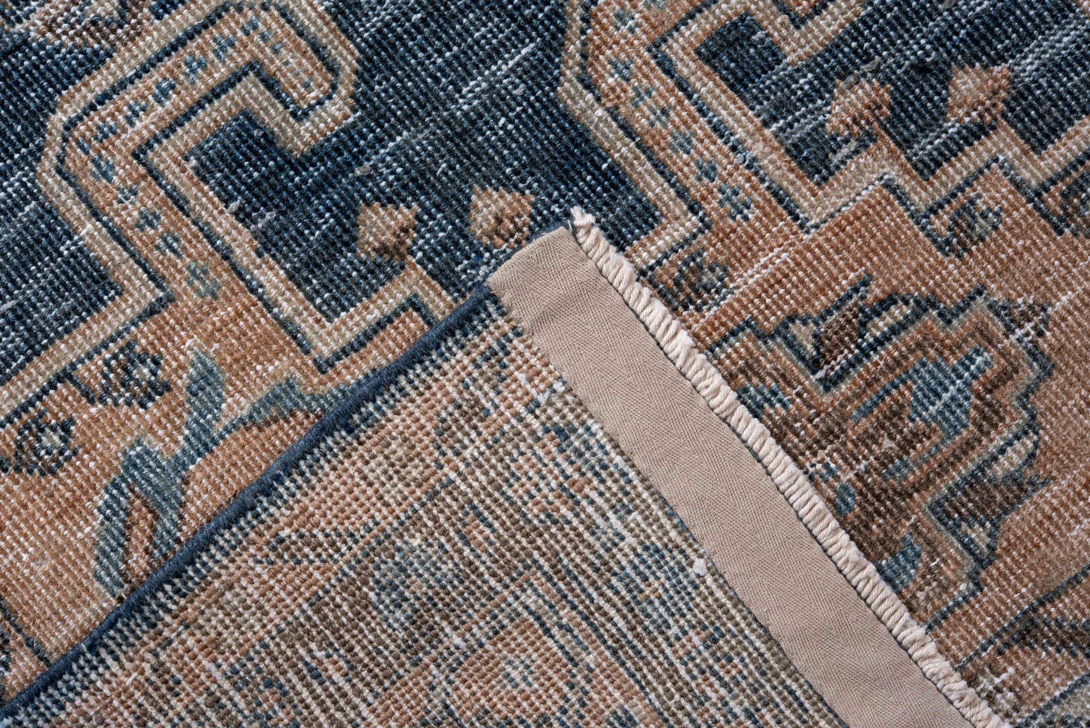 7' x 10' one-of-a-kind handmade vintage Veece large size rug. Color palette: arapawa, blue, brown, dark gray, ghost white