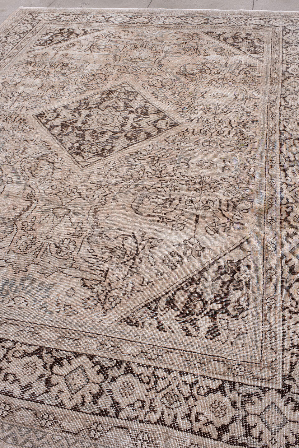 8' x 12' one-of-a-kind handmade antique Mahal large size rug. Color palette: ivory, taupe, charcoal, beige, blush, sand