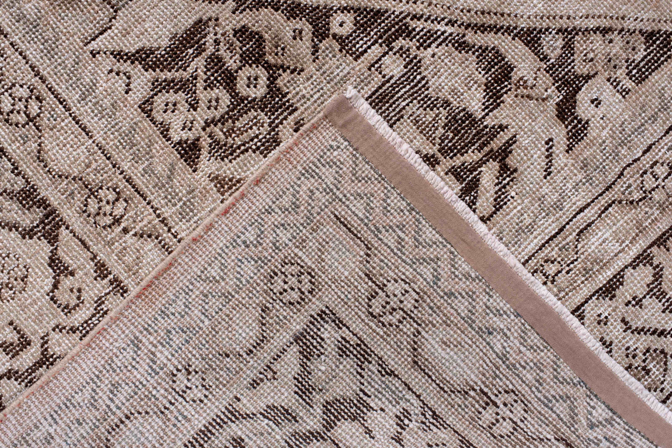 8' x 12' one-of-a-kind handmade vintage Mahal large size rug. Color palette: brown, gray, light gray, off-white, pink