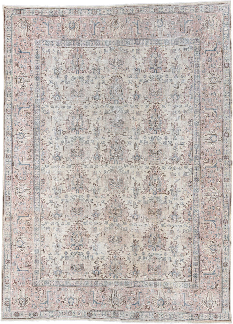8' x 12' one-of-a-kind handmade vintage Sparta large size rug. Color palette: ivory, blush, pale blue, taupe, beige