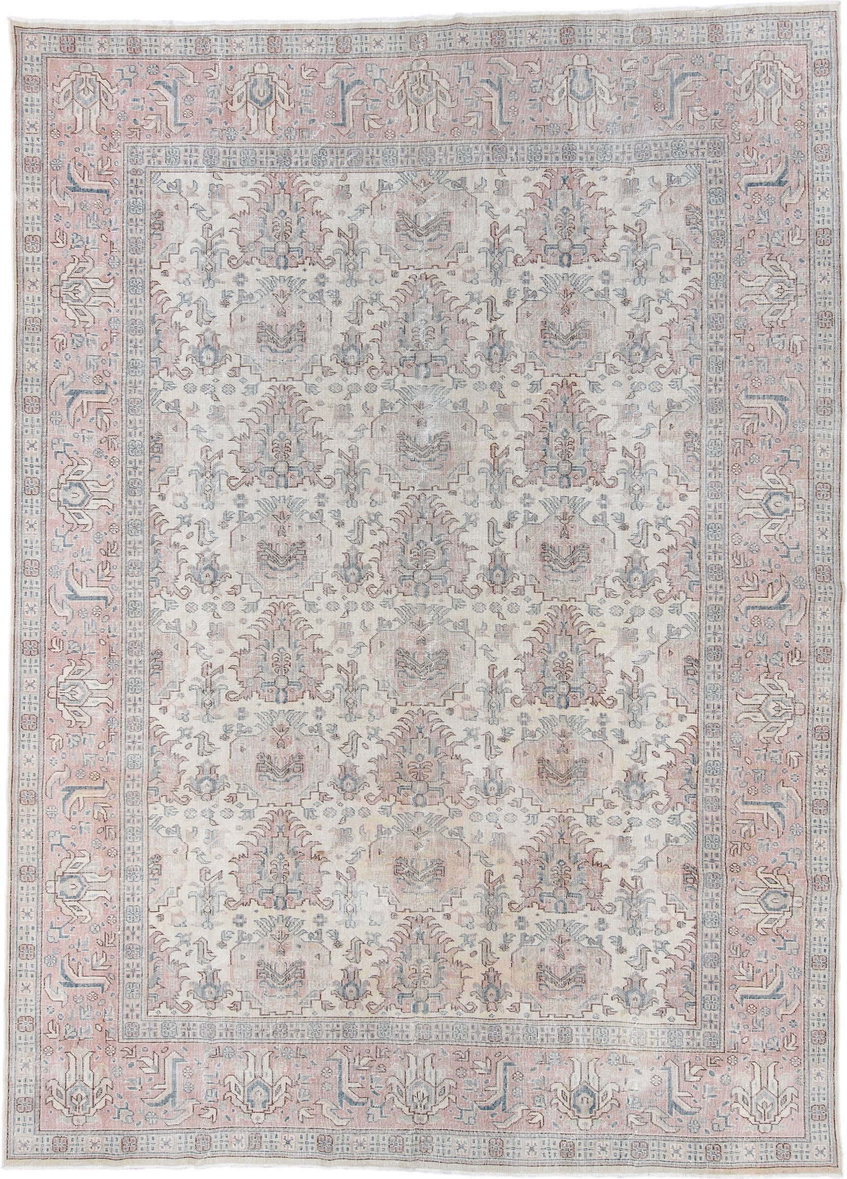 8' x 12' one-of-a-kind handmade vintage Sparta large size rug. Color palette: ivory, blush, pale blue, taupe, beige