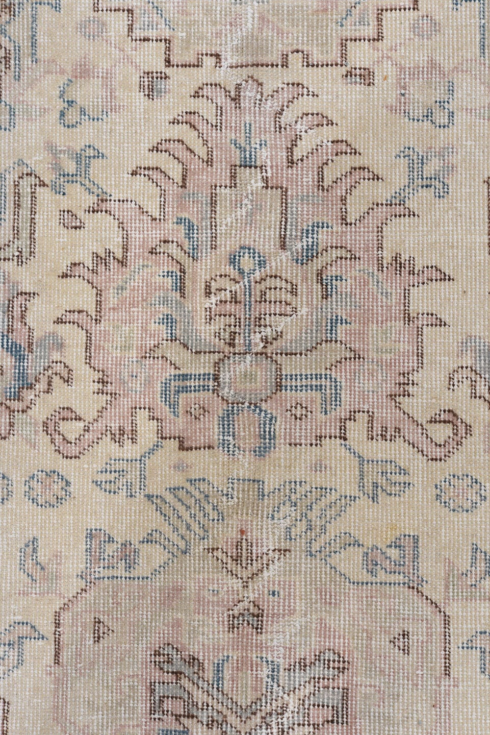 8' x 12' one-of-a-kind handmade vintage Sparta large size rug. Color palette: ivory, blush, pale blue, taupe, beige