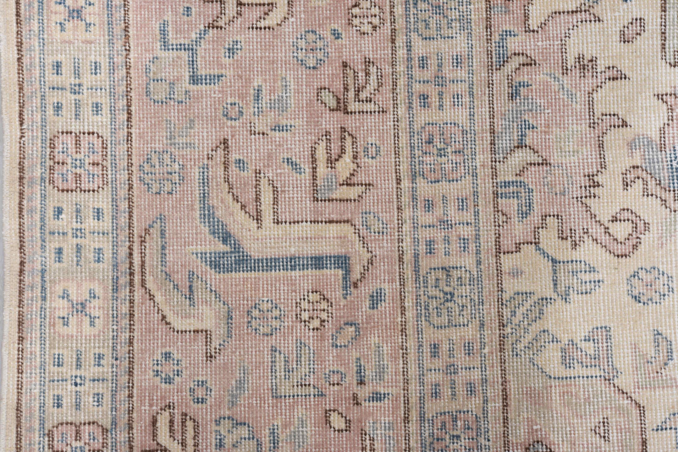 8' x 12' one-of-a-kind handmade vintage Sparta large size rug. Color palette: ivory, blush, pale blue, taupe, beige