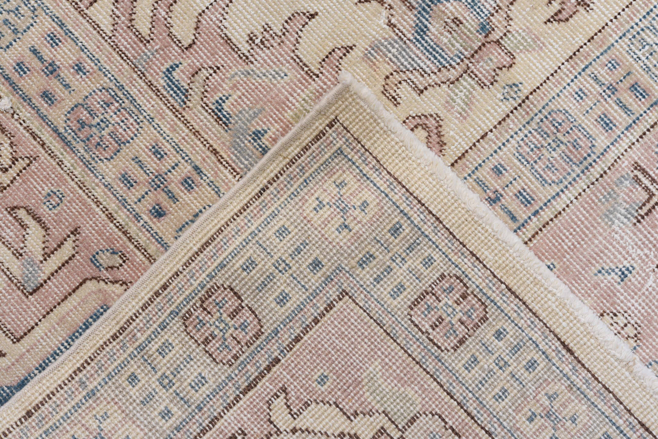 8' x 12' one-of-a-kind handmade vintage Sparta large size rug. Color palette: ivory, blush, pale blue, taupe, beige