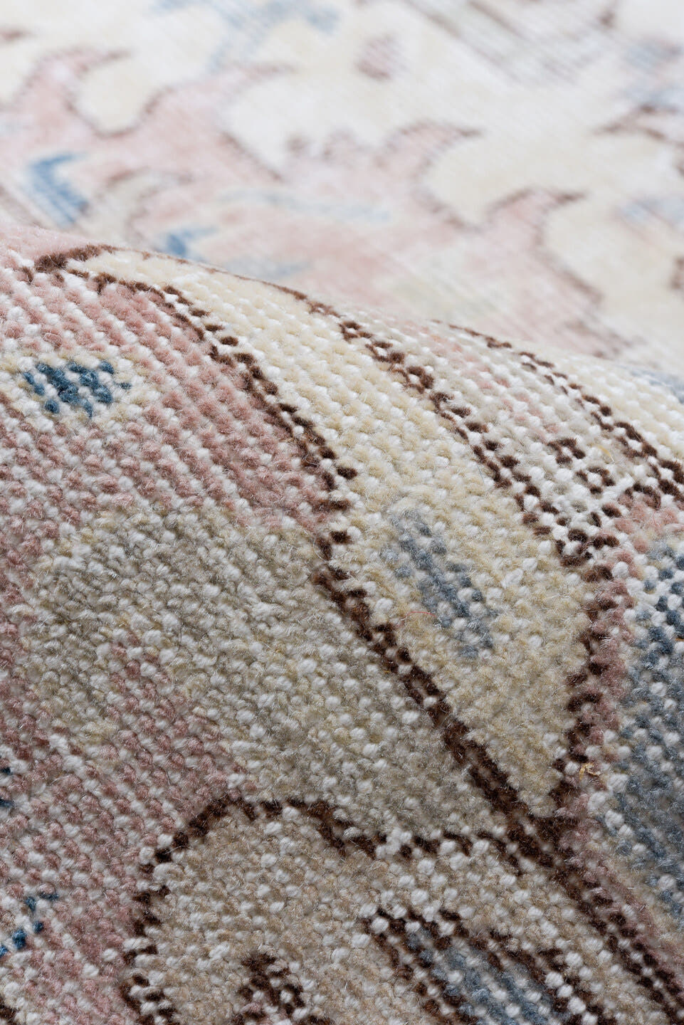 8' x 12' one-of-a-kind handmade vintage Sparta large size rug. Color palette: ivory, blush, pale blue, taupe, beige
